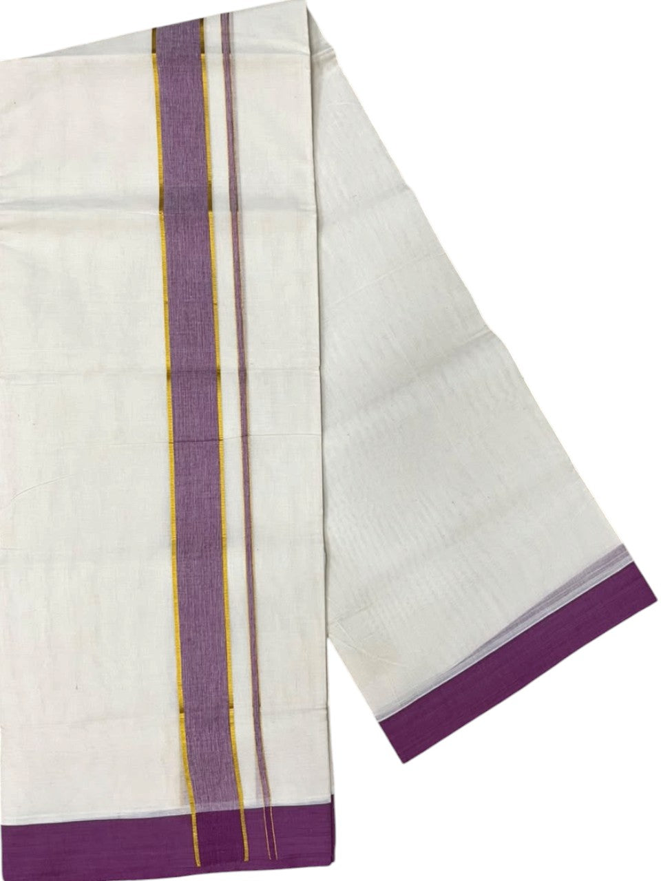 Southloom Pure Cotton Mundu with Siver Lines and Lavender Border (South Indian Kerala Dhoti)
