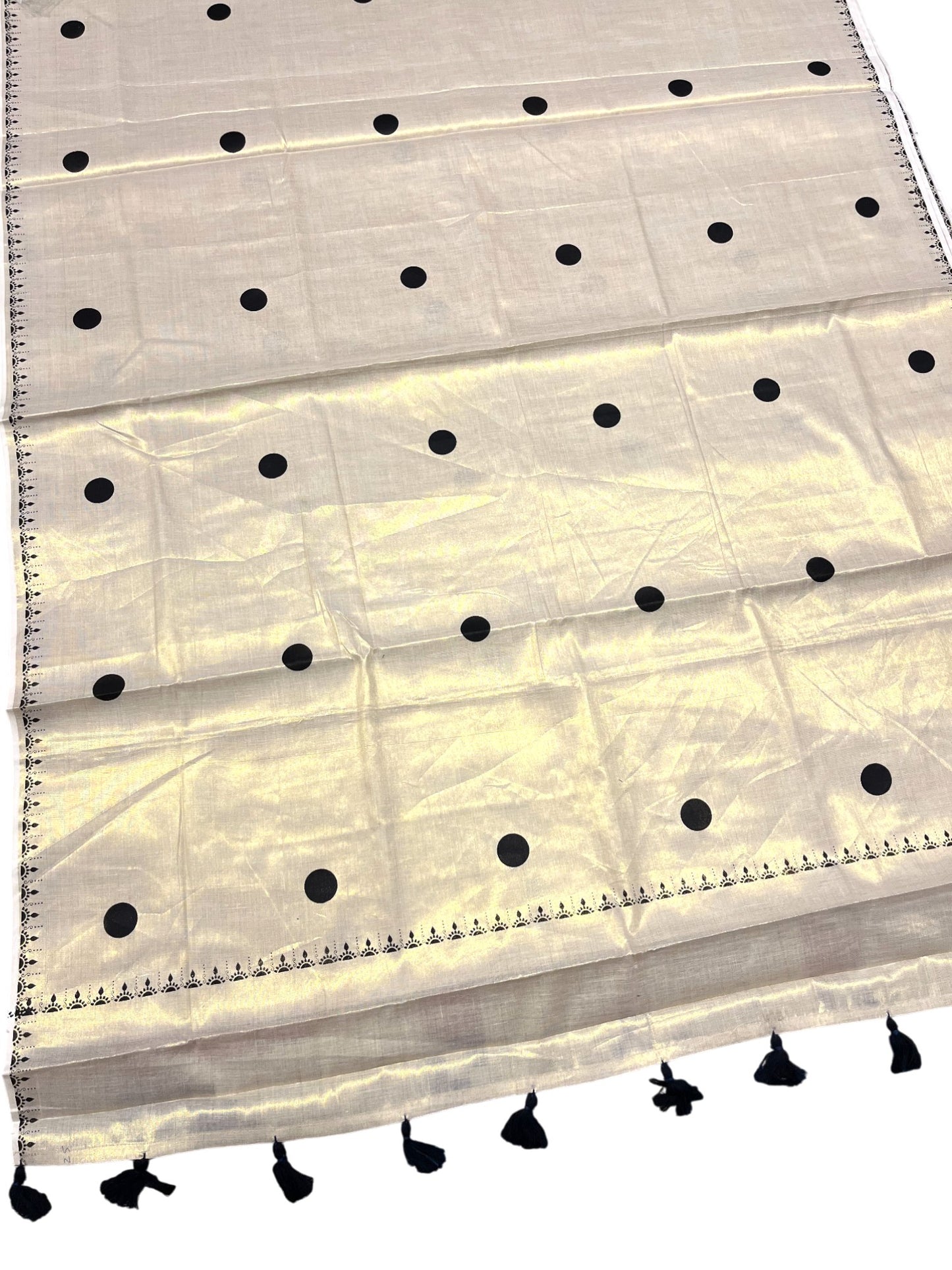 Southloom Kerala Tissue Kasavu Saree With Black Polka Dots on Body