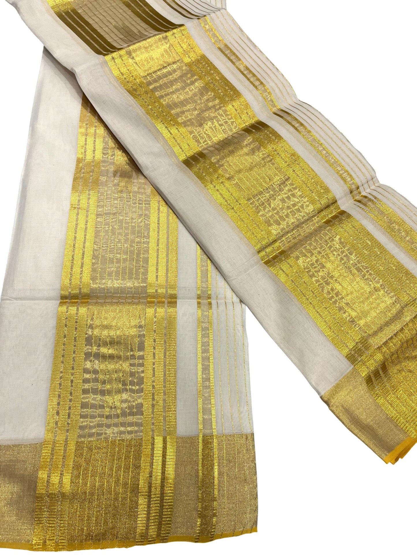 Southloom Handloom Premium Cotton Set Mundu With Kasavu Lines Temple Woven Patterns On Border (Mundum Neriyathum) 2.80 Mtrs