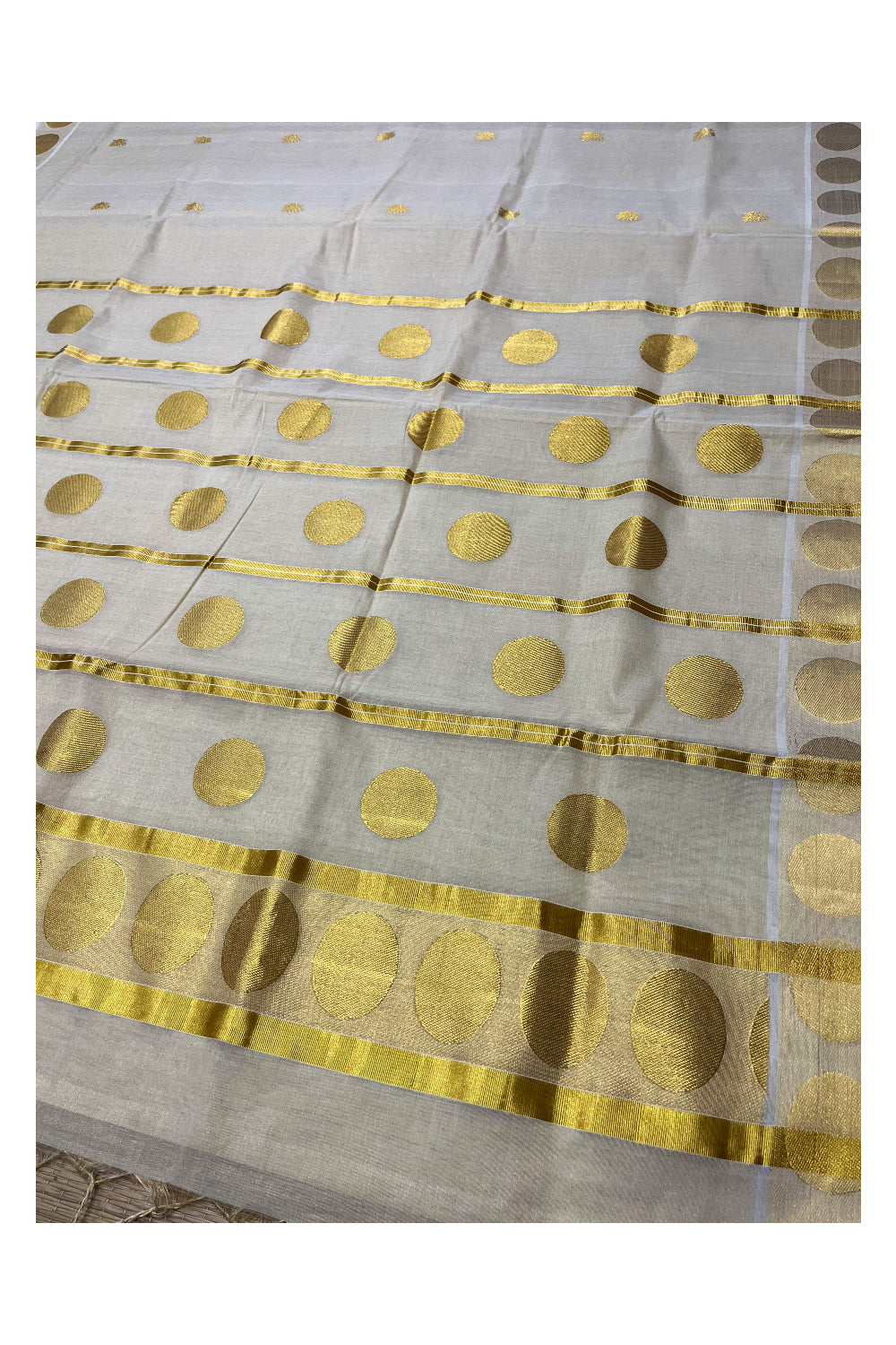 Southloom Premium Handloom Tissue Kasavu Saree Polka Woven Designs on Border