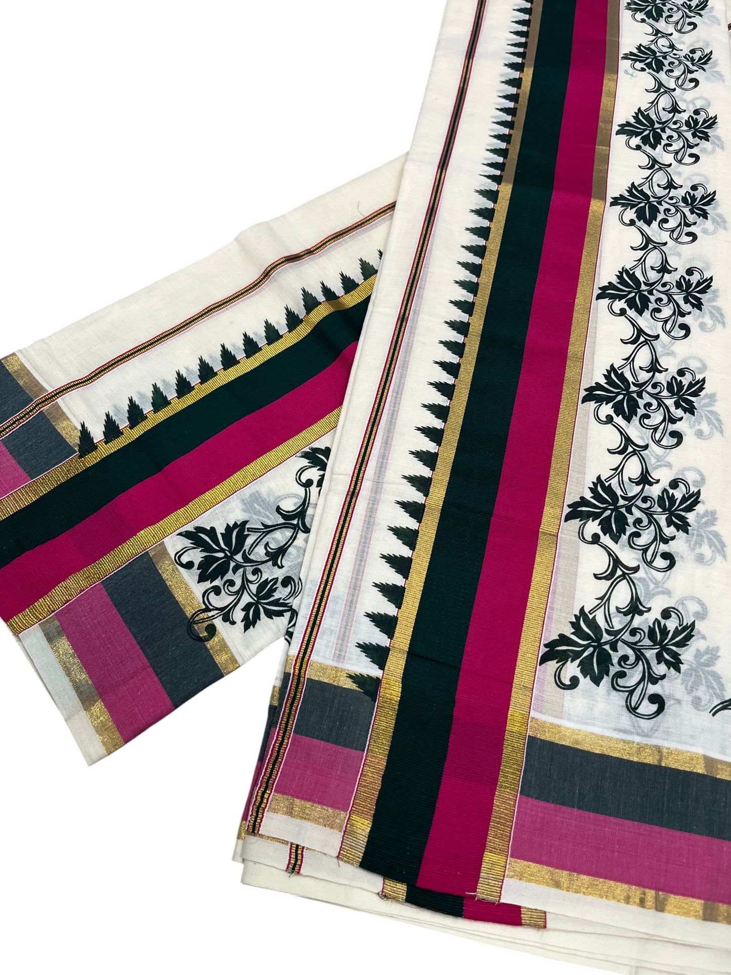 Southloom Pure Cotton Kerala Single Set Mundu (Mundum Neriyathum) with Floral and Temple Print with Green and Magentha Border