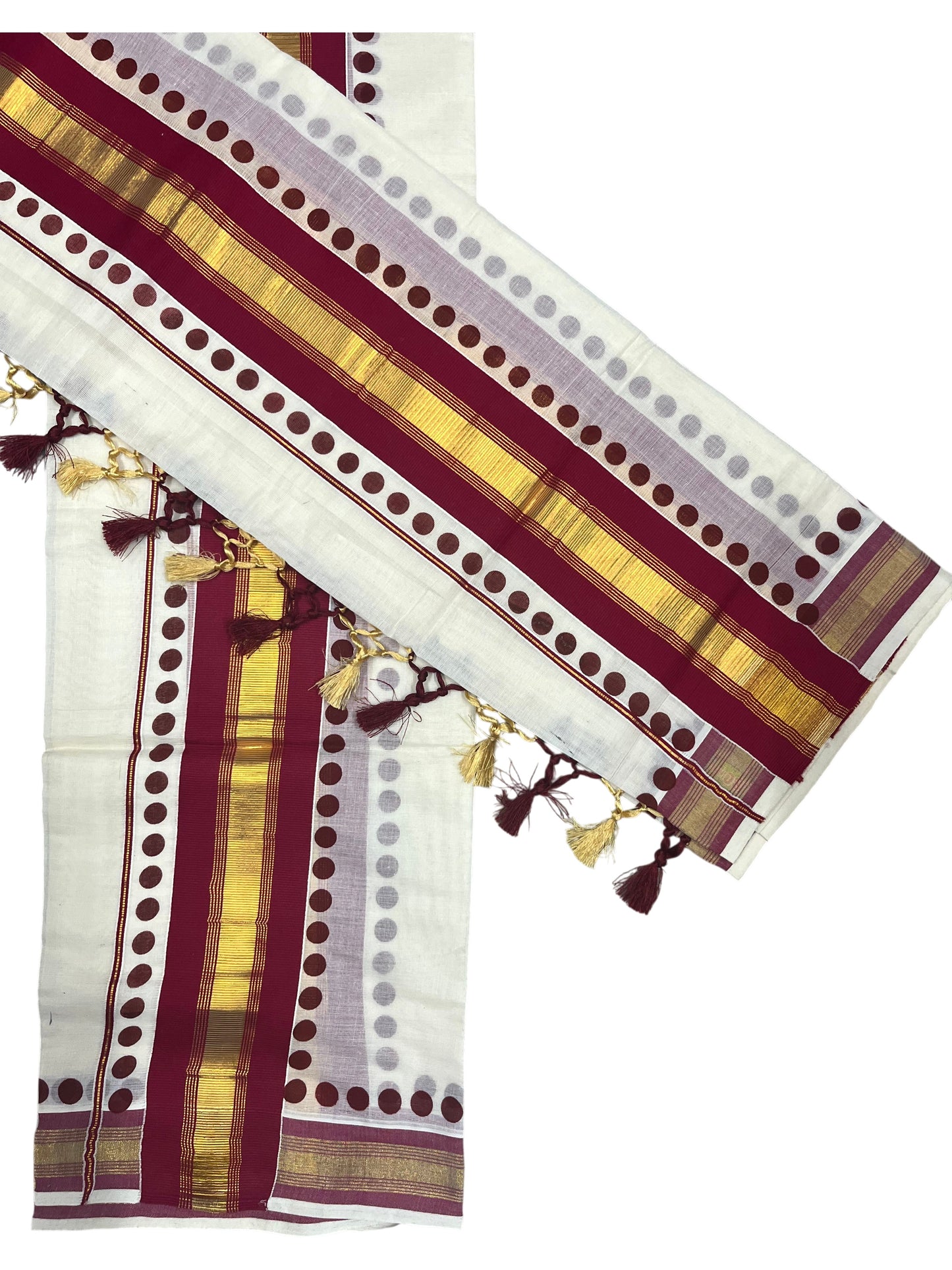 Southloom Kerala Cotton Kasavu Single Set Mundu (Mundum Neriyathum) with Maroon Border With Polka Dots SLKK