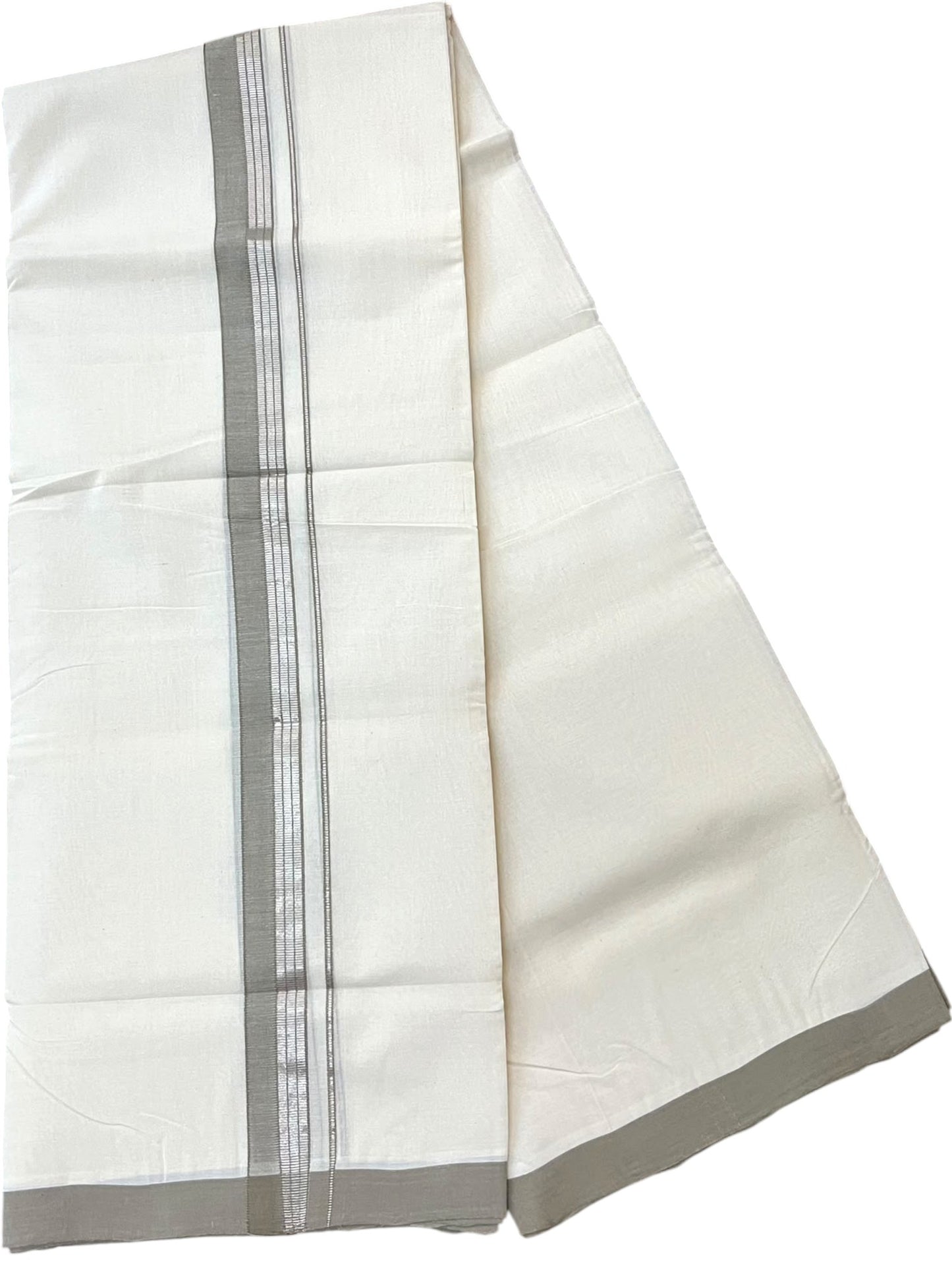 Southloom Balaramapuram Unakkupaavu Premium Handloom Cotton Double Mundu with Silver Lines and Grey Border