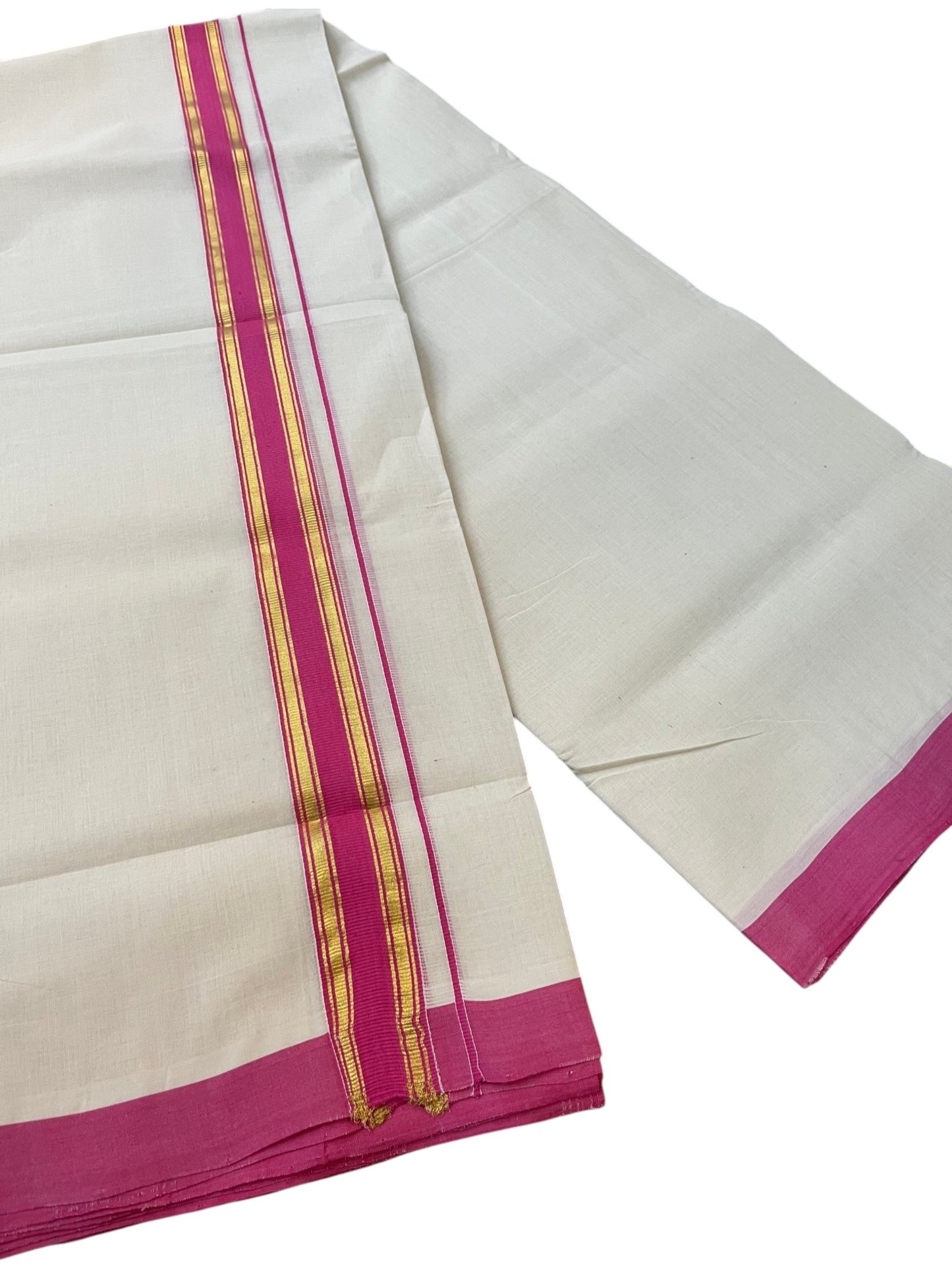 Southloom Pure Cotton Mundu with Golden Lines and Magenta Border (South Indian Kerala Dhoti)