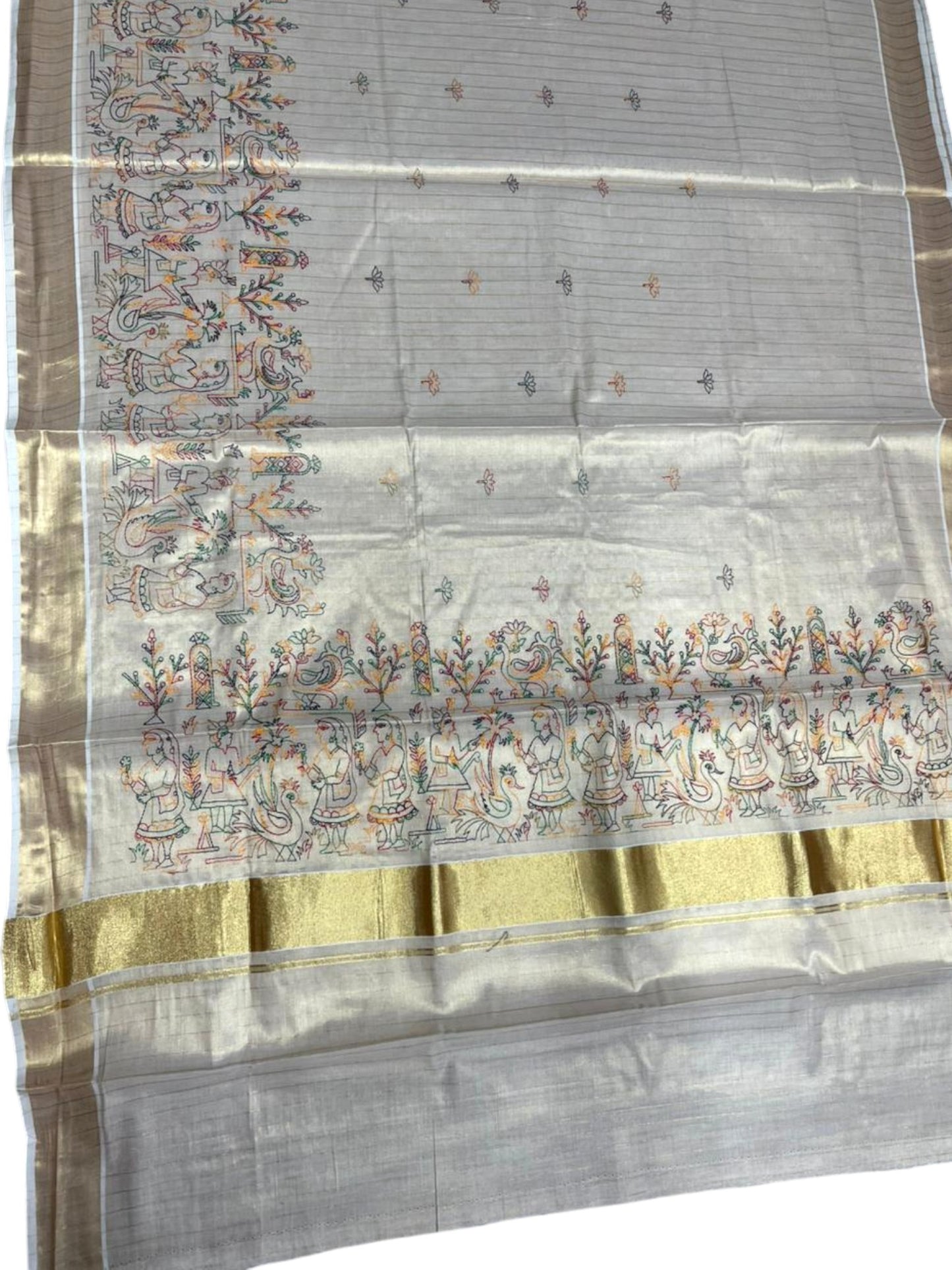 Southloom Tissue Kerala Kasavu Lines Saree with Kantha Embroidery Work on Body SL322