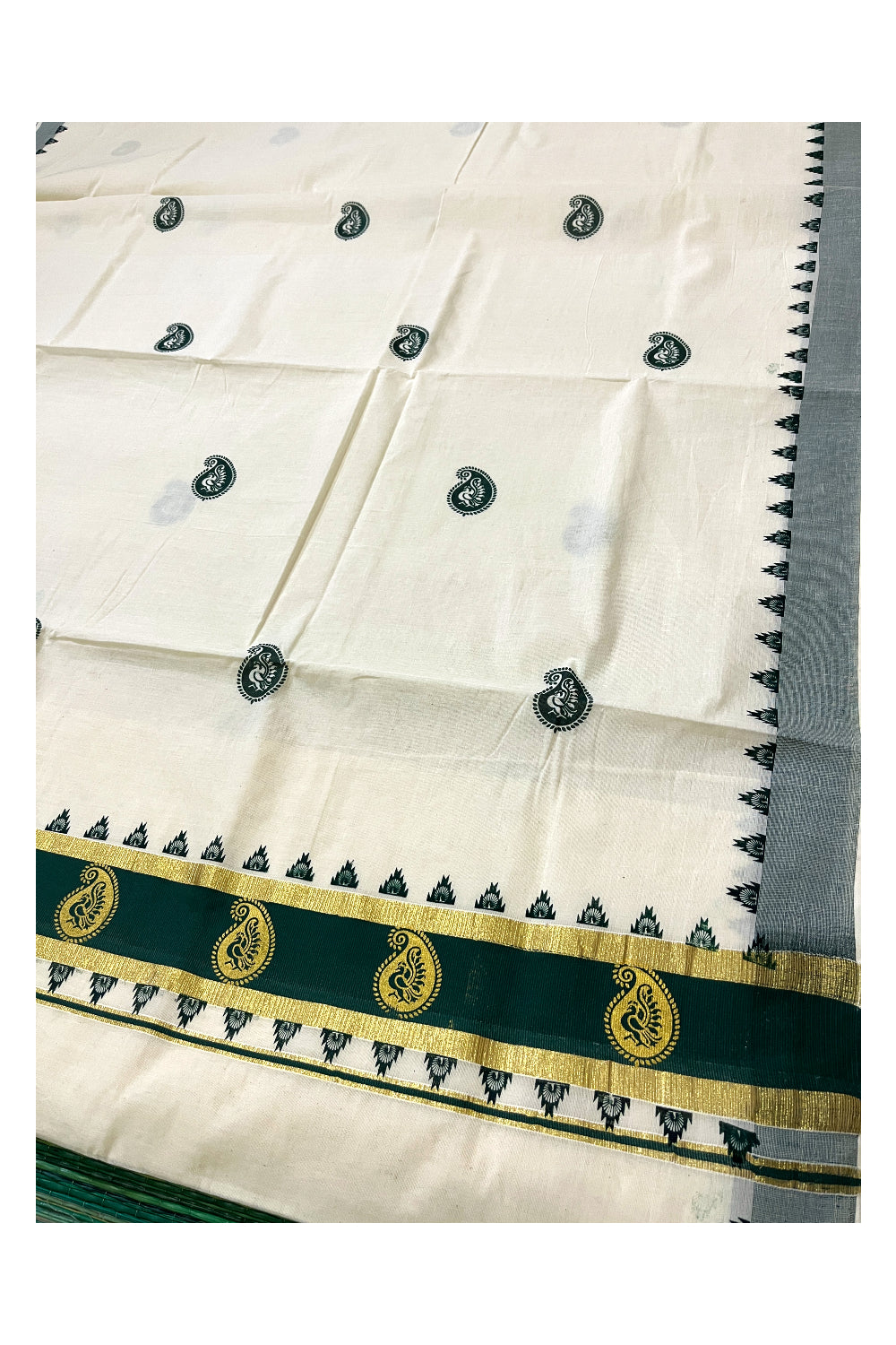 Pure Cotton Kerala Kasavu Saree with Green Paisley Block Printed Design