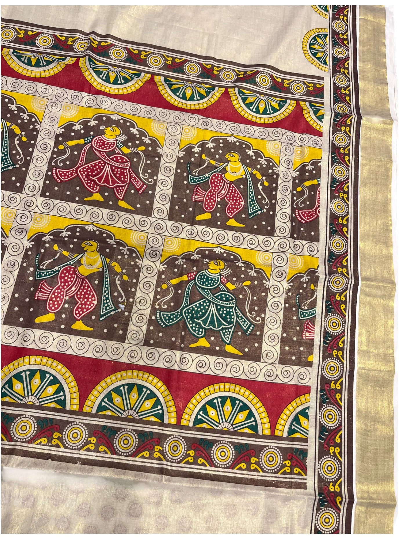 Southloom Kerala Tissue Kasavu Saree with Brown and Red Hand Printed Design