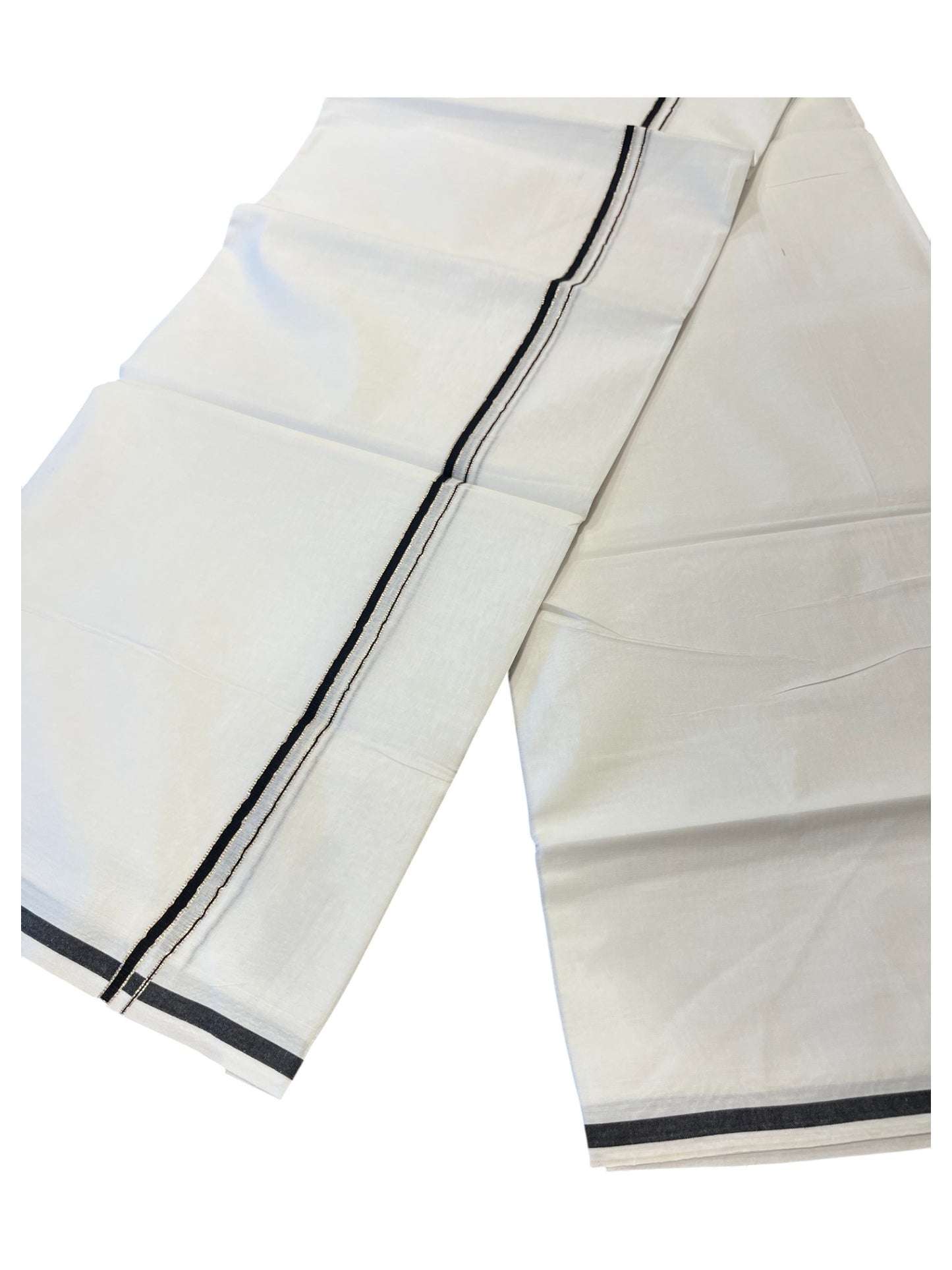 Pure White Cotton Double Mundu with Silver Black Kara (South Indian Dhoti)