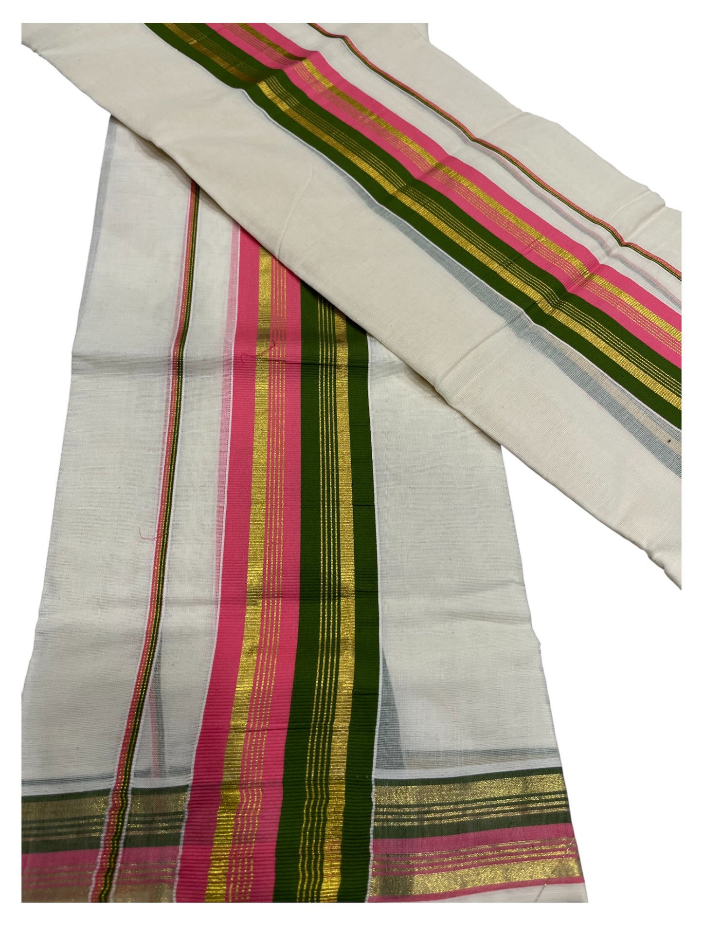 Kerala Cotton Kasavu Set Mundu (Mundum Neriyathum) with Pink and Green Border