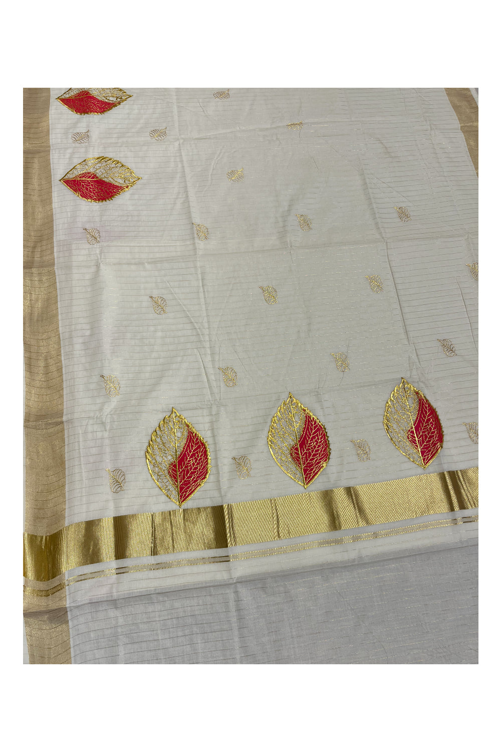 Southloom Kasavu Lines Saree with High Quality Embroidery Work in Kasavu and Reddish Pink