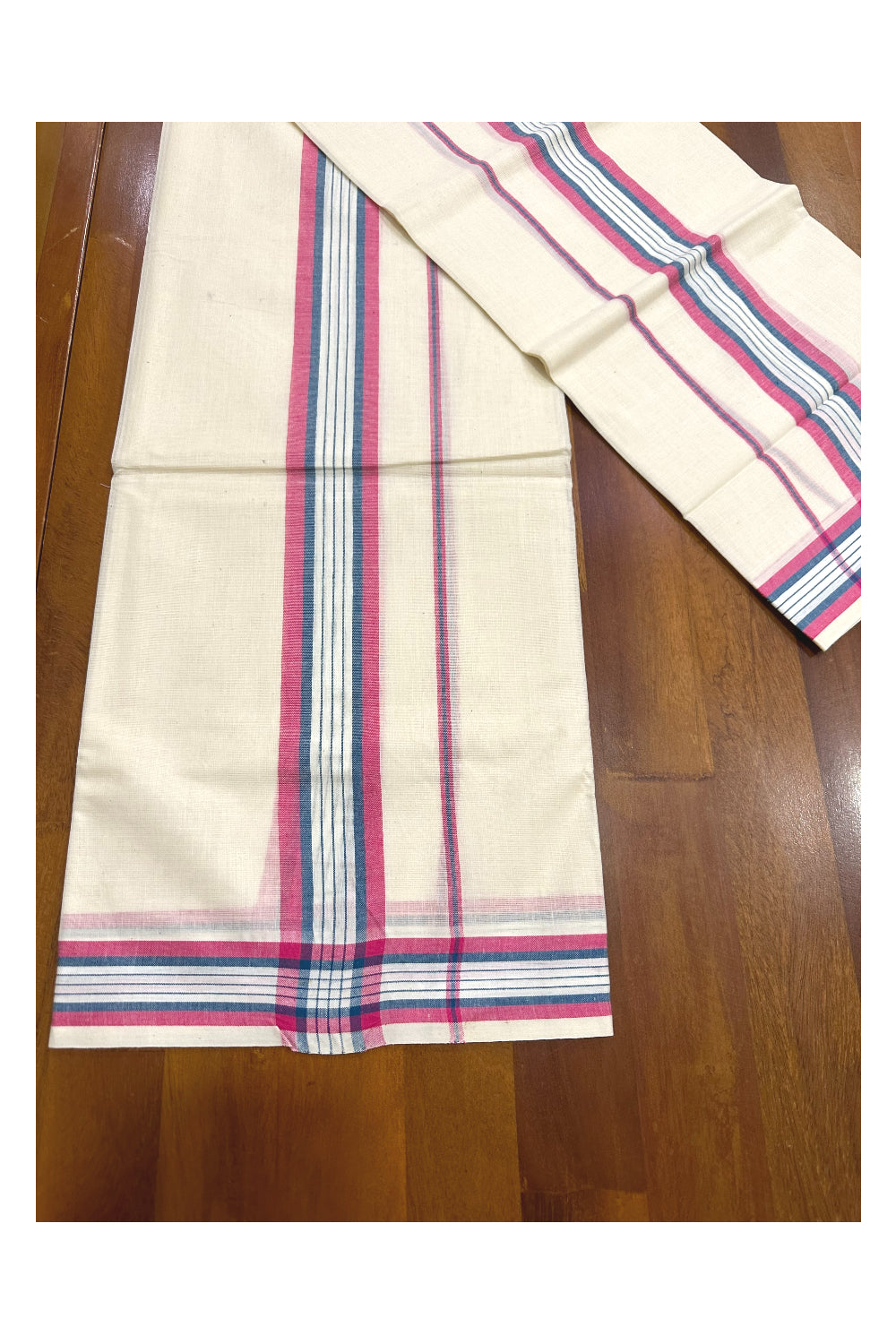 Kerala Mulloth Soft Cotton Mundum Neriyathum Single with Red and Blue Border (Onam Set Mundu 2023)