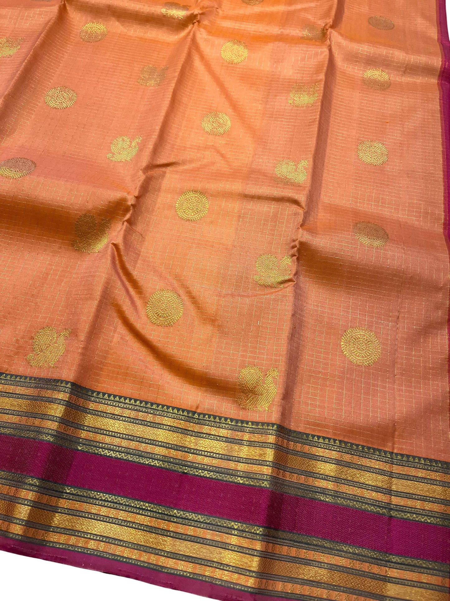 Southloom Pure Handloom Bridal Kanchipuram Silk Saree with Korvai Work (Peach & Magenta)