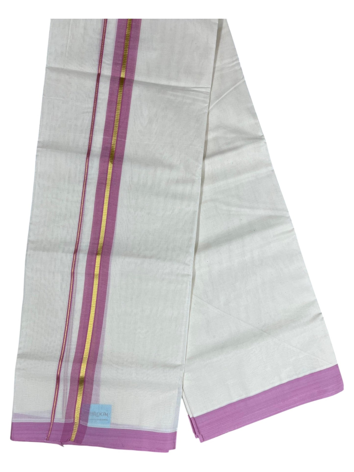 Southloom Pure Cotton Mundu with Gold Lines and Pink Border (South Indian Kerala Dhoti)
