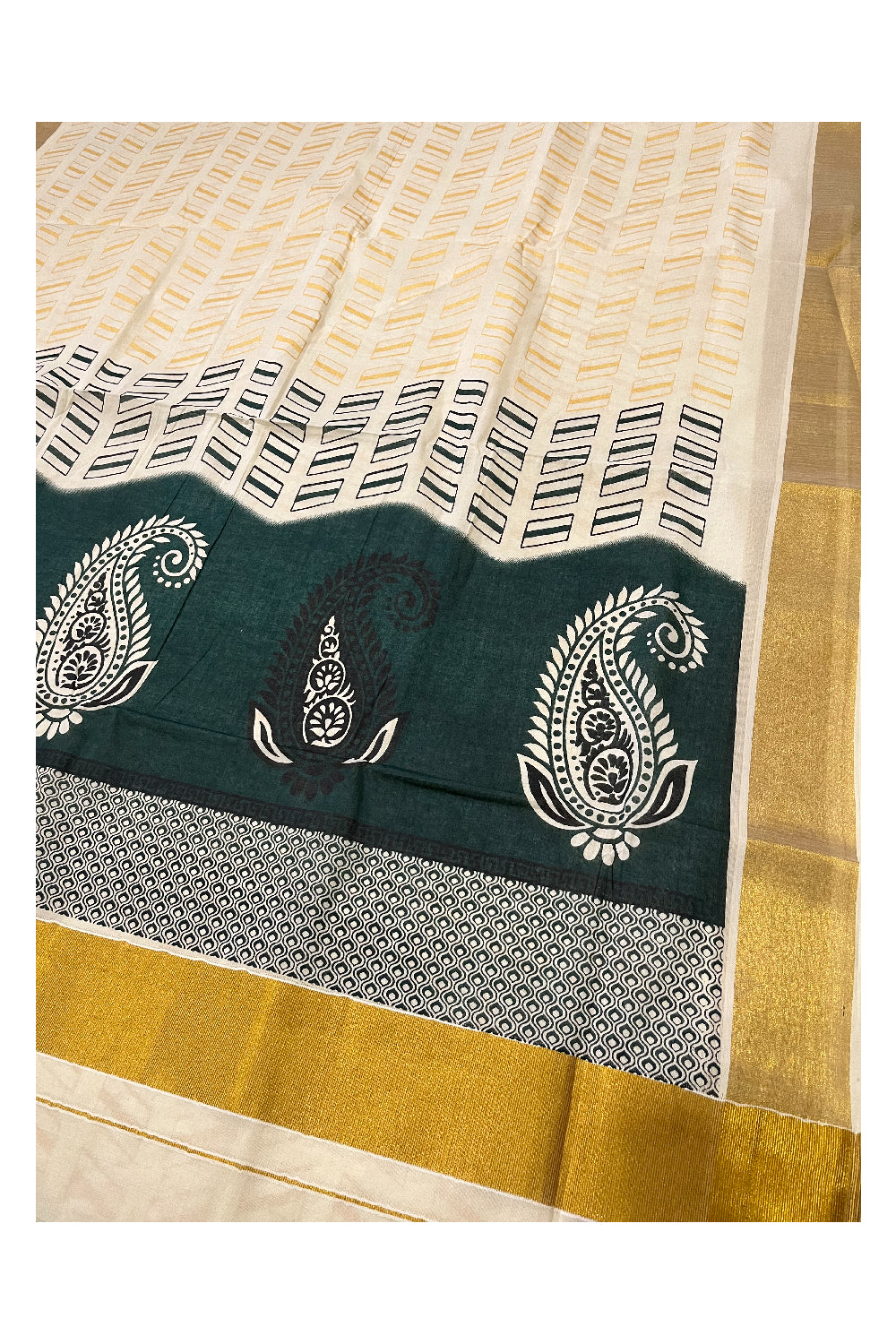 Kerala Cotton Saree with Green Block Prints on Pallu and Golden Block Prints on Body