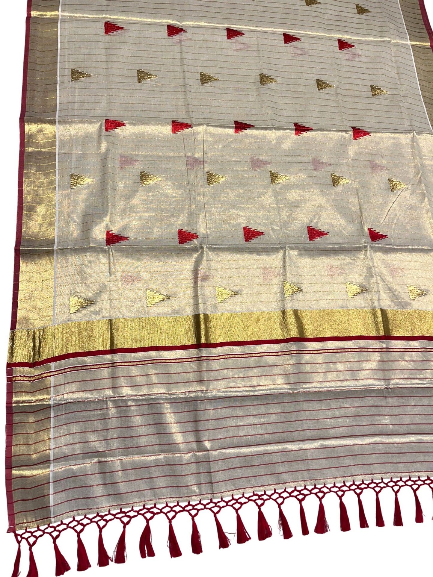 Kerala Tissue Kasavu Stripes Saree with Red and Gold Temple Embroidery Design on Body