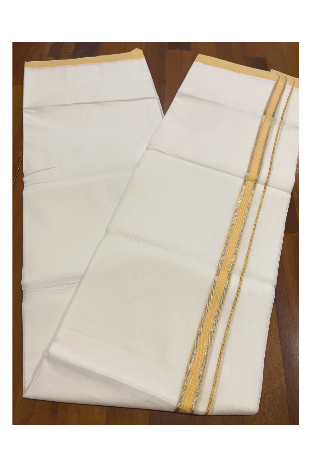 Pure White Kerala Double Mundu with Silver Kasavu and Yellow Kara (South Indian Kerala Dhoti)