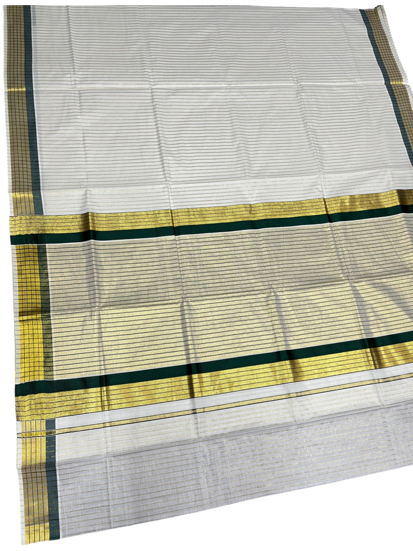 Southloom Kerala Pure Cotton Saree with Stripes on Body and Borders in Green