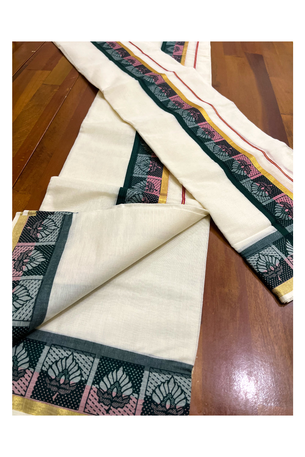 Kerala Cotton Kasavu Single Set Mundu (Mundum Neriyathum) with Pink and Green Kara and Block prints