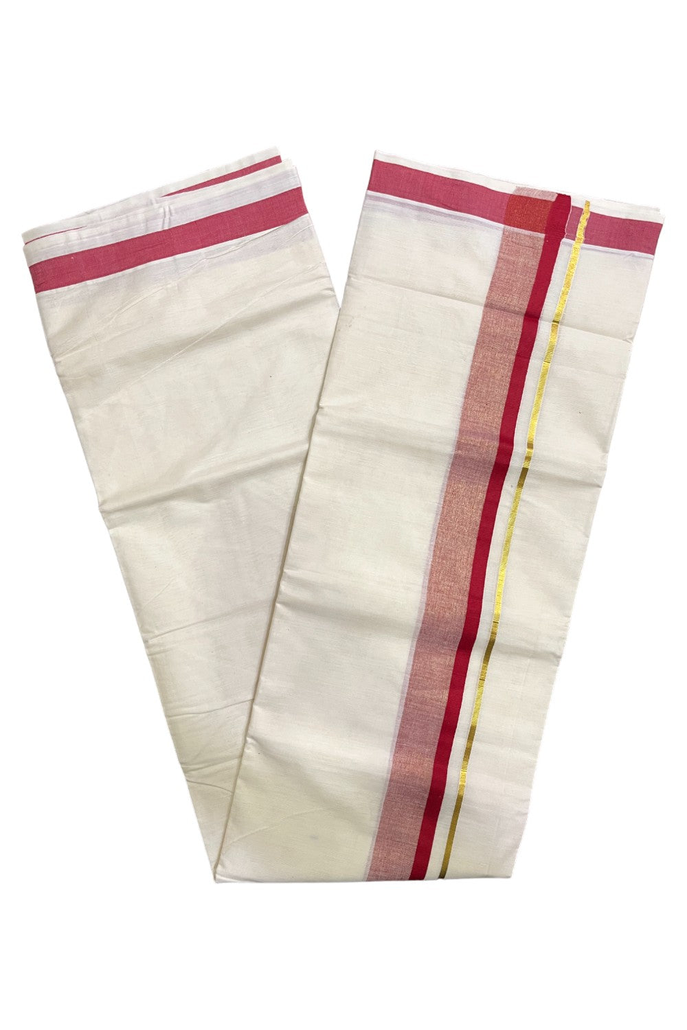 Kerala Pure Cotton Double Mundu with Red and Kasavu Border (South Indian Kerala Dhoti)