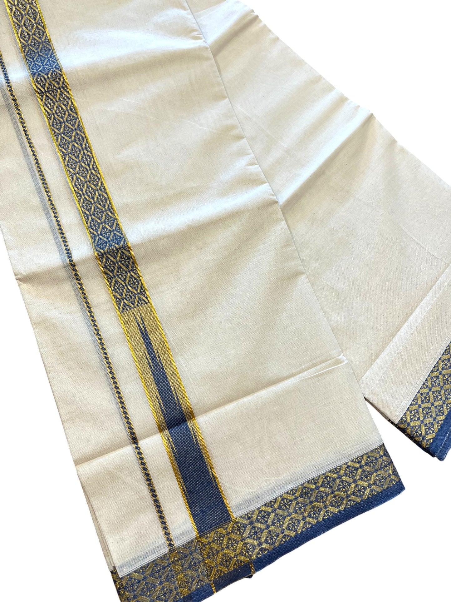 Southloom Kerala Pure Cotton Double Mundu with Kasavu Kara and Blue Border (South Indian Dhoti)