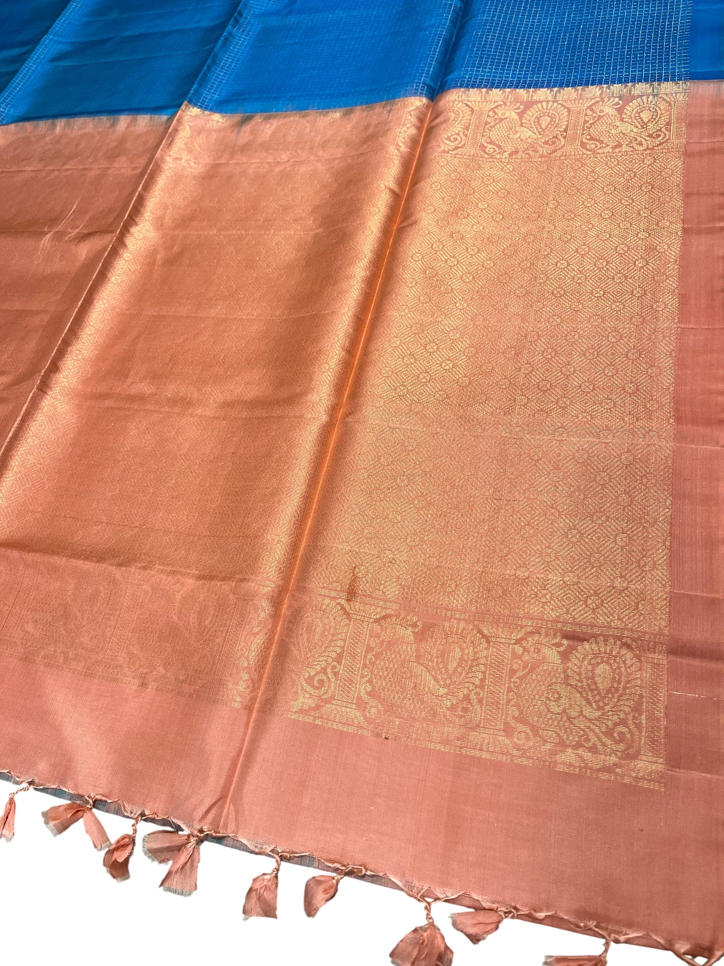 Southloom Pure Handloom Kanchipuram Silk Saree with Korvai Work (Peach & Blue)