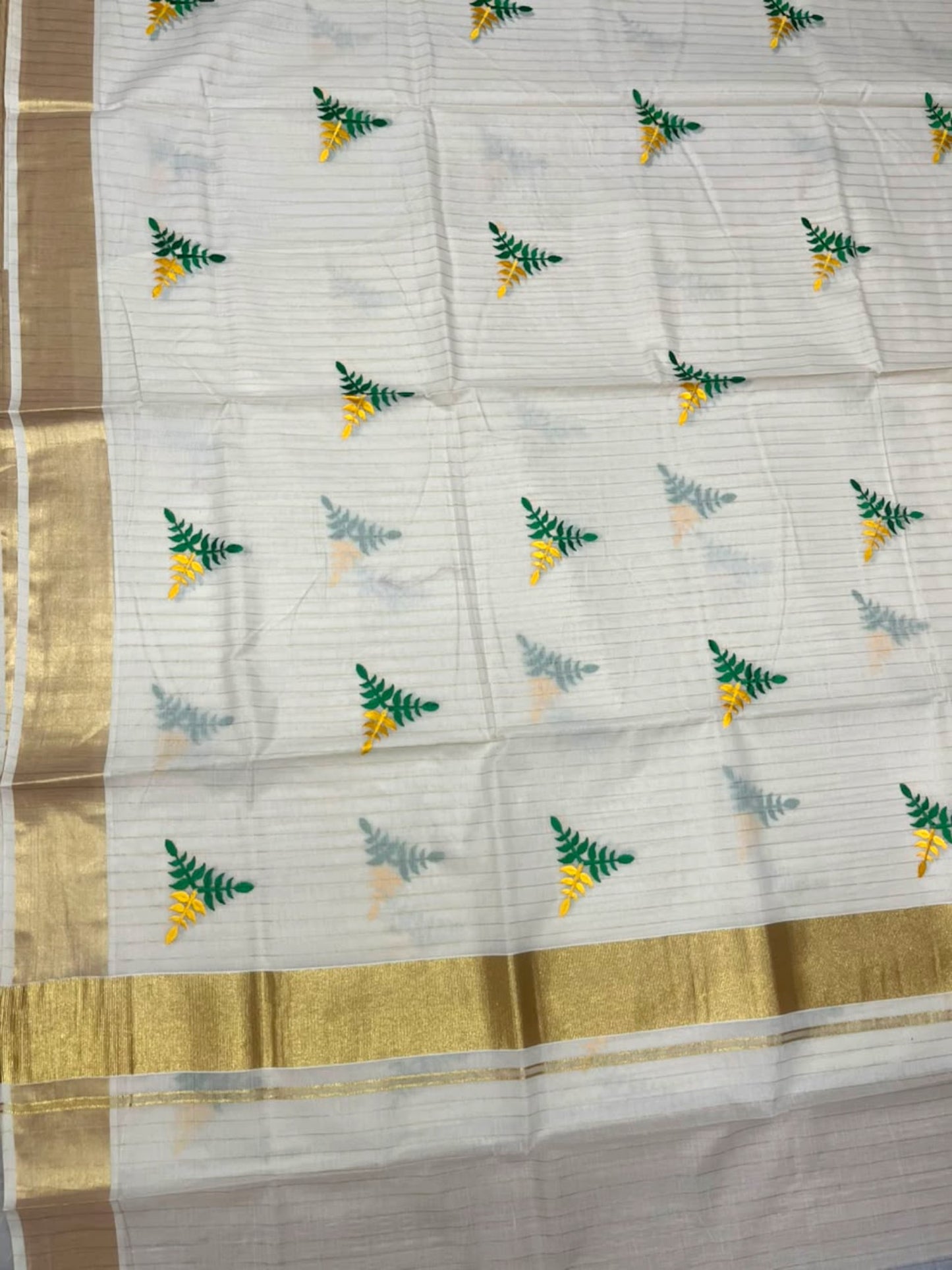 Southloom Kerala Cotton Kasavu Line Saree with Green & Yellow Floral Embroidery Works