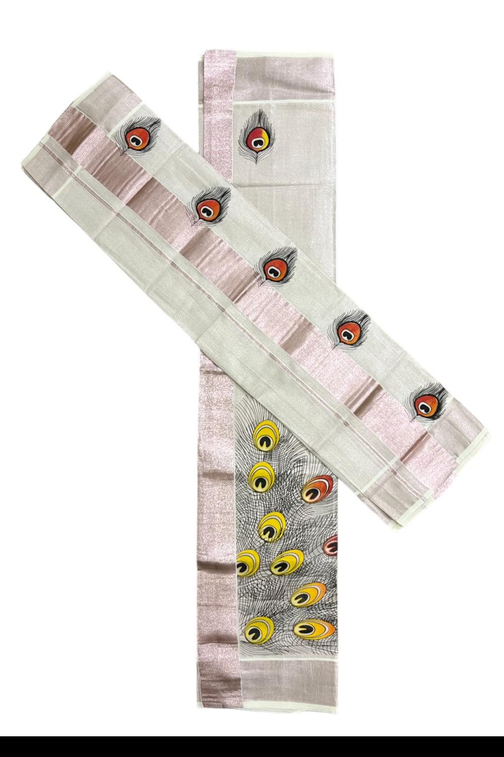 Rose Copper Tissue Single Set Mundu (Mundum Neriyathum) with Feather Block Printed Designs (Vishu 2024 Collection)