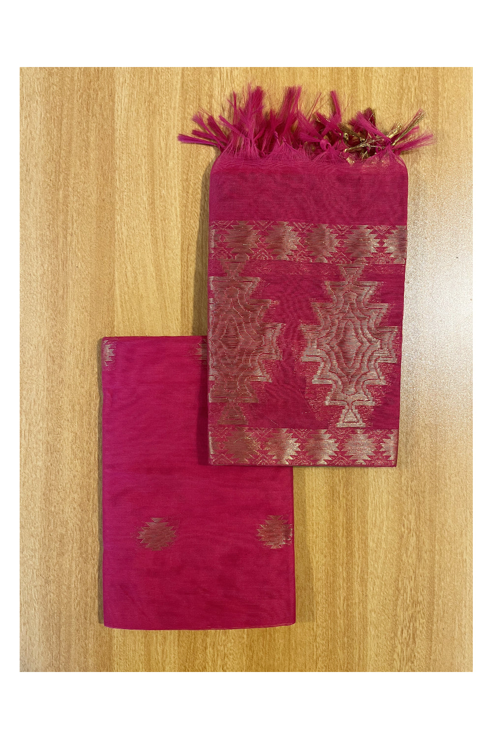 Southloom™ Cotton Semi Silk 3 Piece Green and Pink Salwar Material with Woven Zari Butta Work