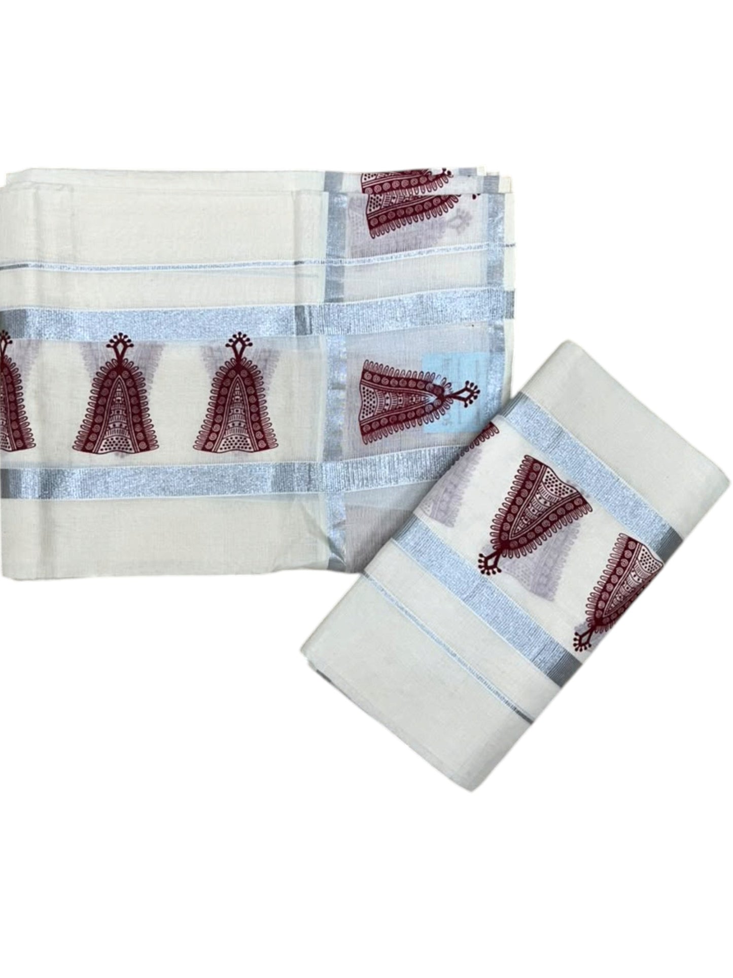 Southloom Pure Cotton Kerala Single Set Mundu (Mundum Neriyathum) with Maroon Printed And Silver Border 2.80 Mtrs