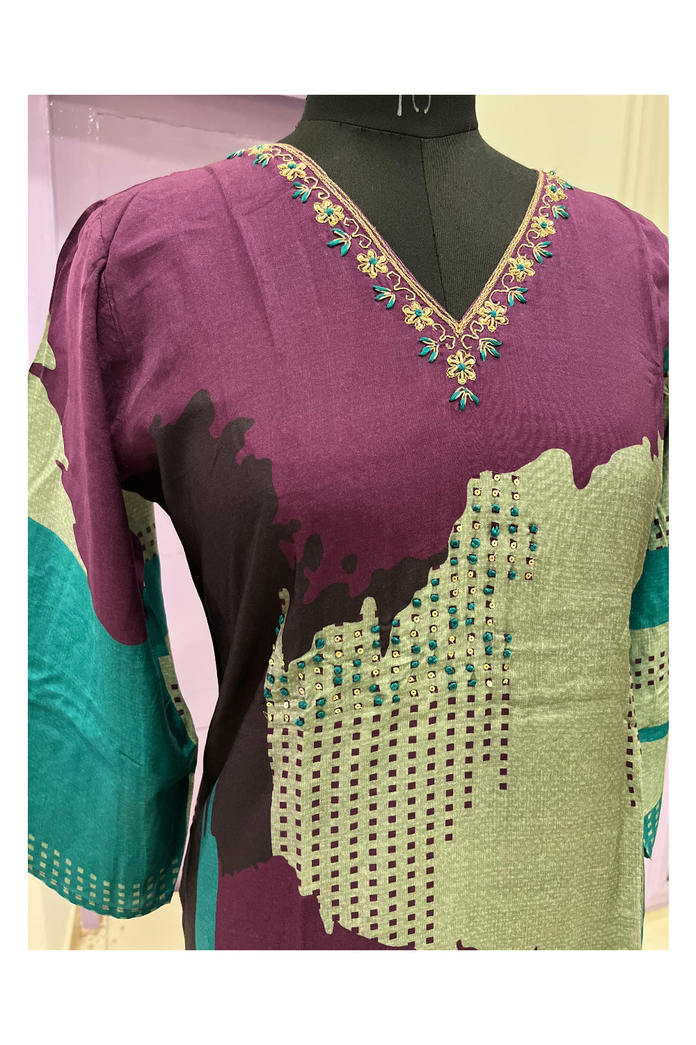 Southloom Stitched Semi Silk Salwar Set in Purple Green Printed and Sequins Designs