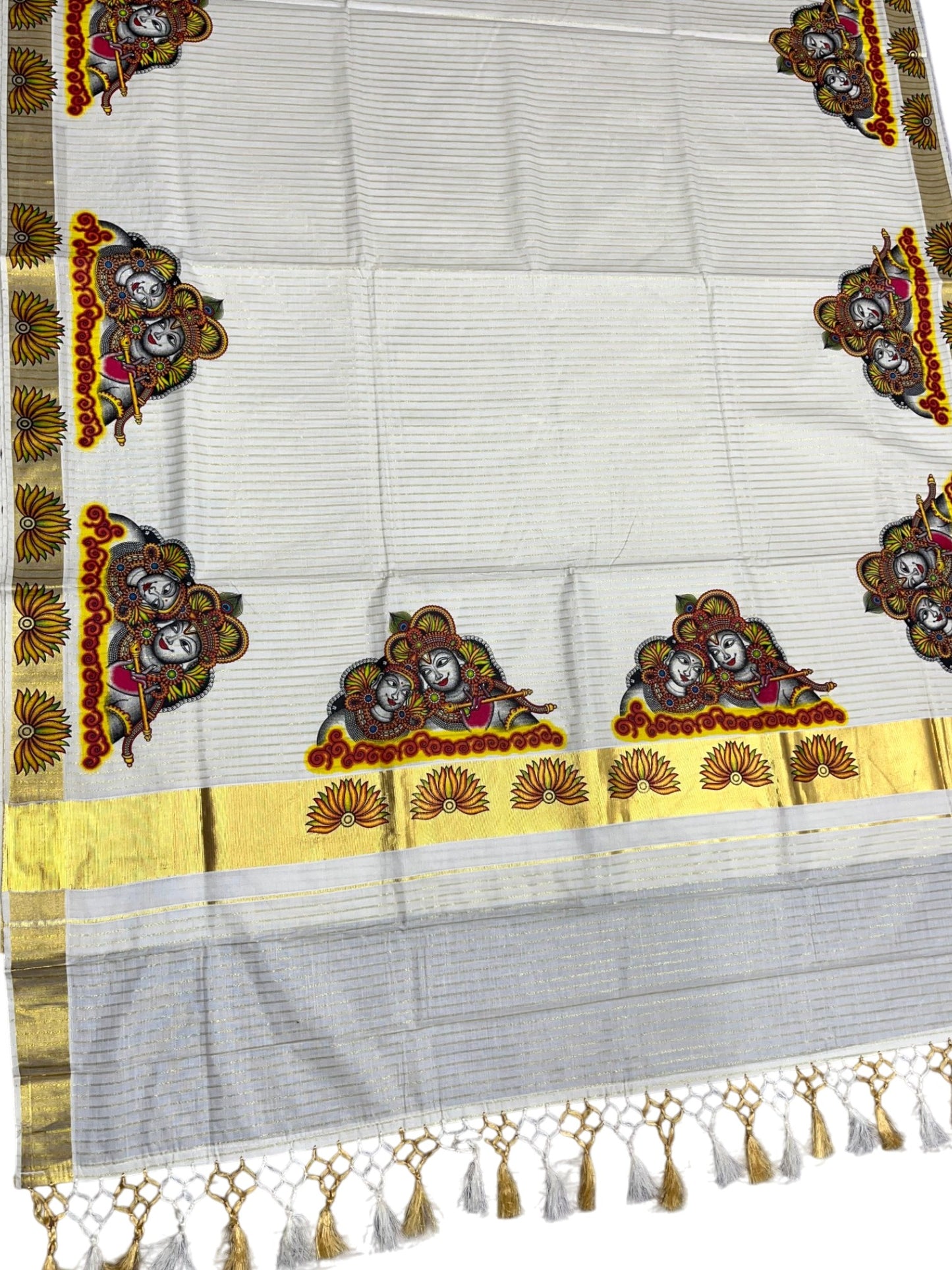 Southloom Pure Cotton Kerala Kasavu Lines Saree with Krishna Radha Mural Printed Art Design and Printed Border