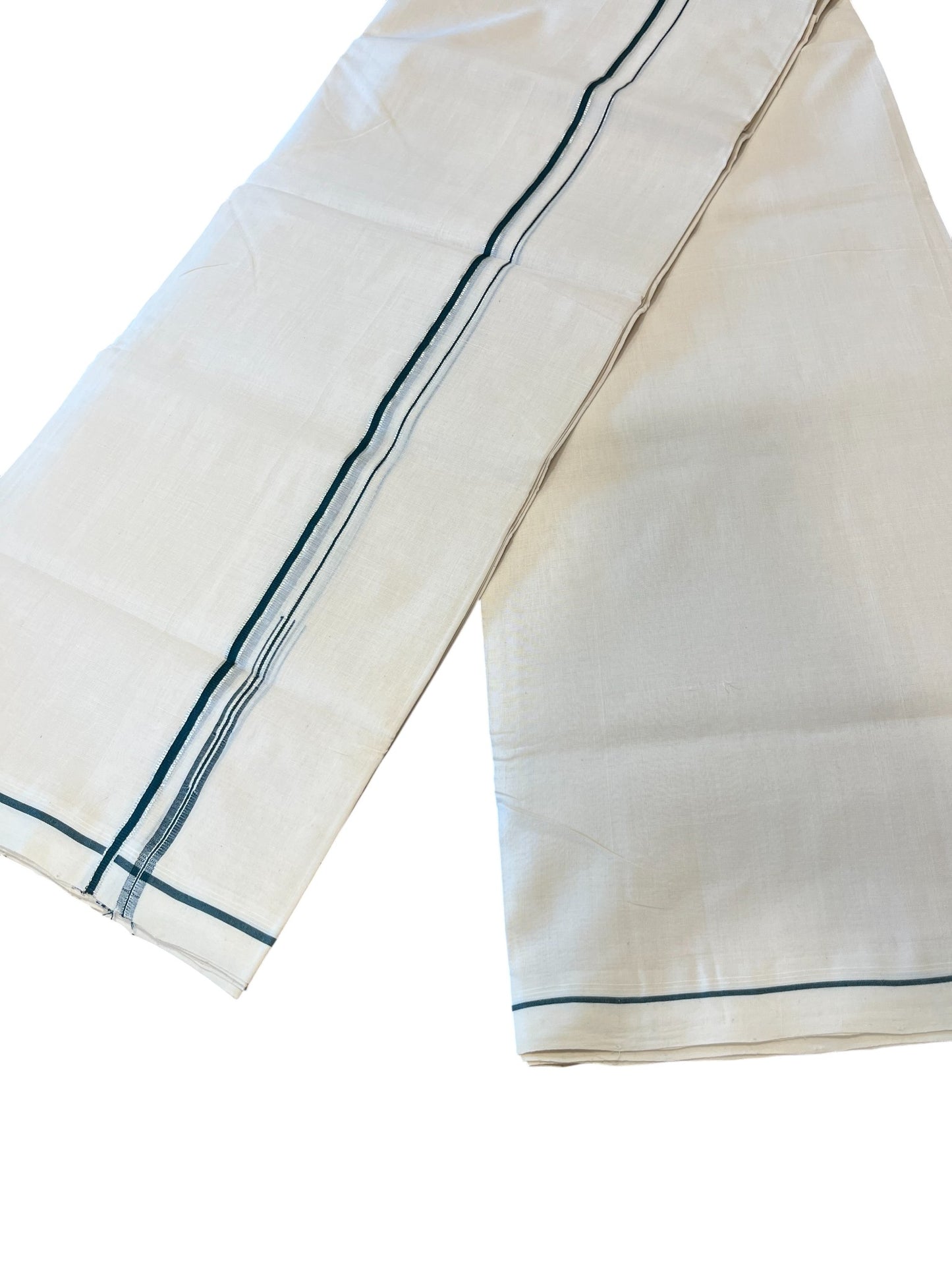 Southloom Premium Handloom Cotton Double Mundu with Silver and Green Chutti Kara Border