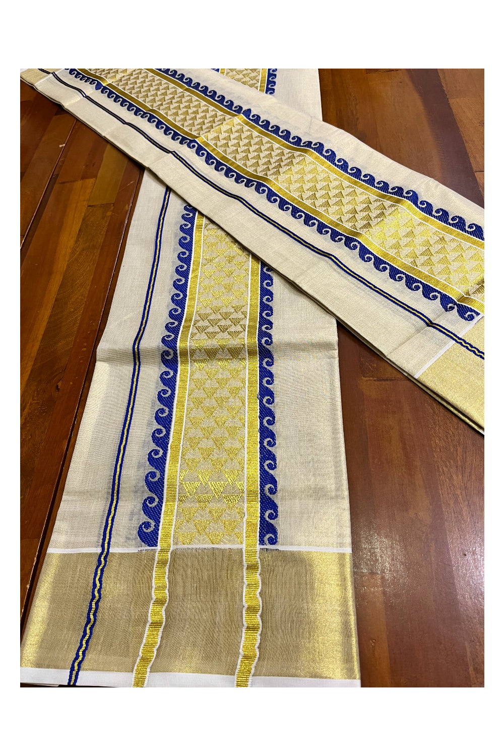Kerala Tissue Single Set Mundu (Mundum Neriyathum) with Blue and Kasavu Woven Border 2.80 Mtrs (Vishu 2024 Collection)