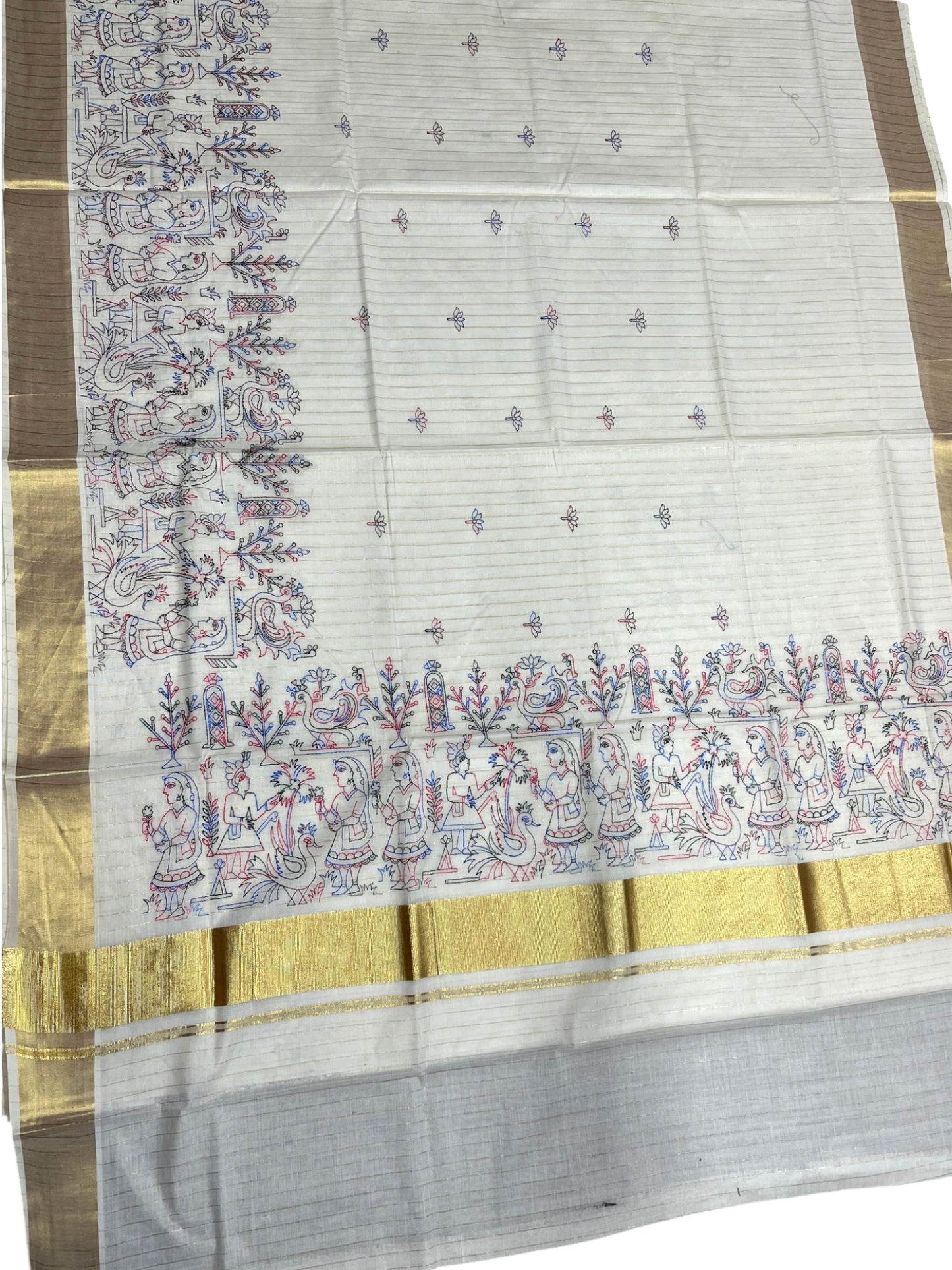 Southloom Cotton Kerala Kasavu Lines Saree with Kantha Embroidery Work on Body SL322