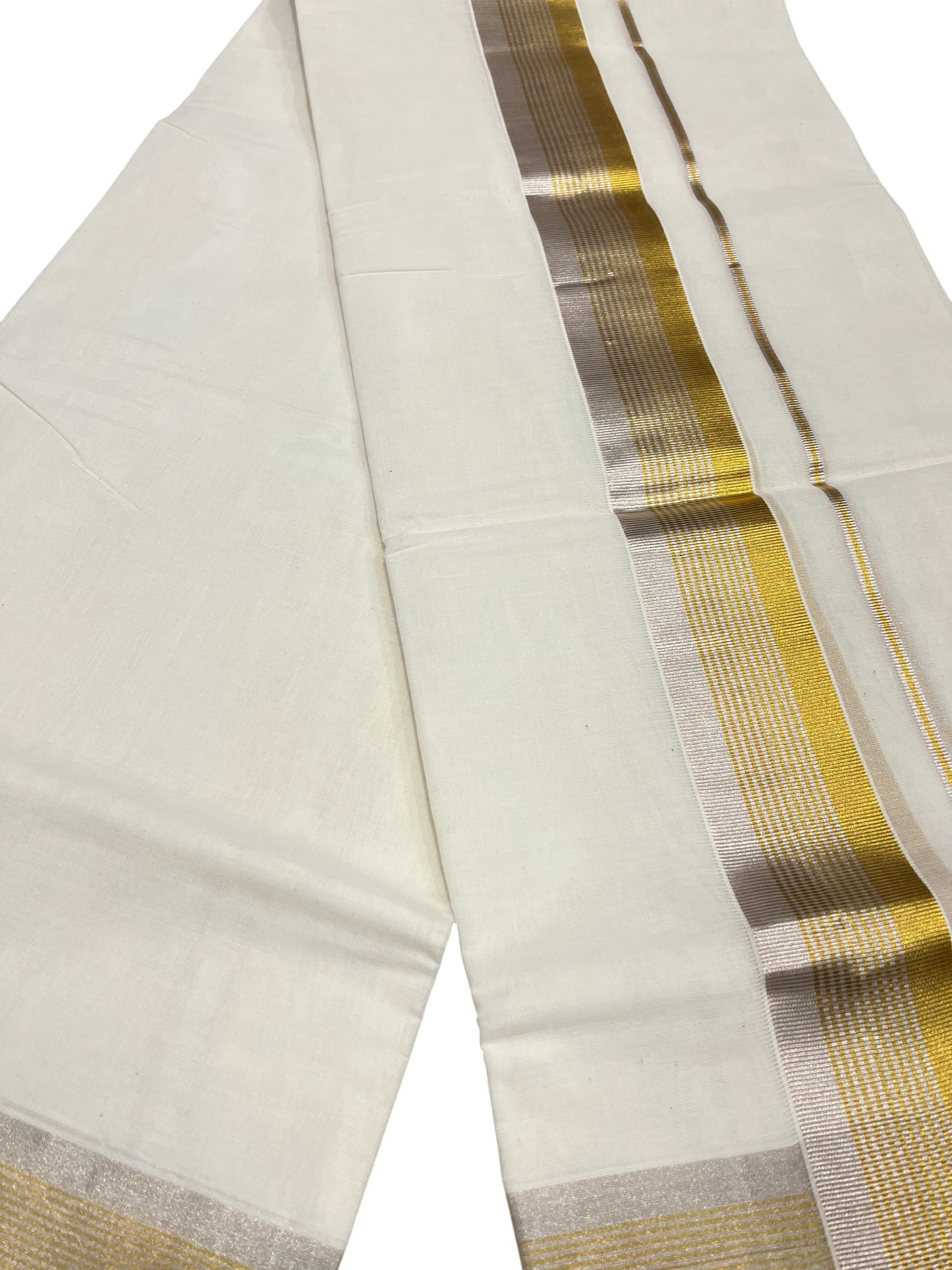 Southloom Premium Handloom Cotton Double Mundu with Gold And Silver Lines Kasavu Border