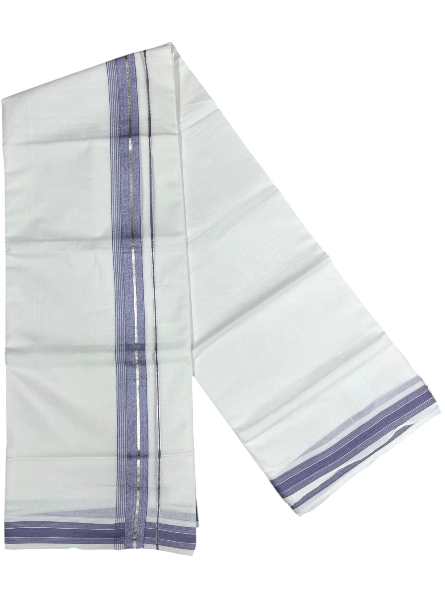 Southloom Kerala Pure White Cotton Double Mundu with Silver Line & Lavender Border (South Indian Dhoti)