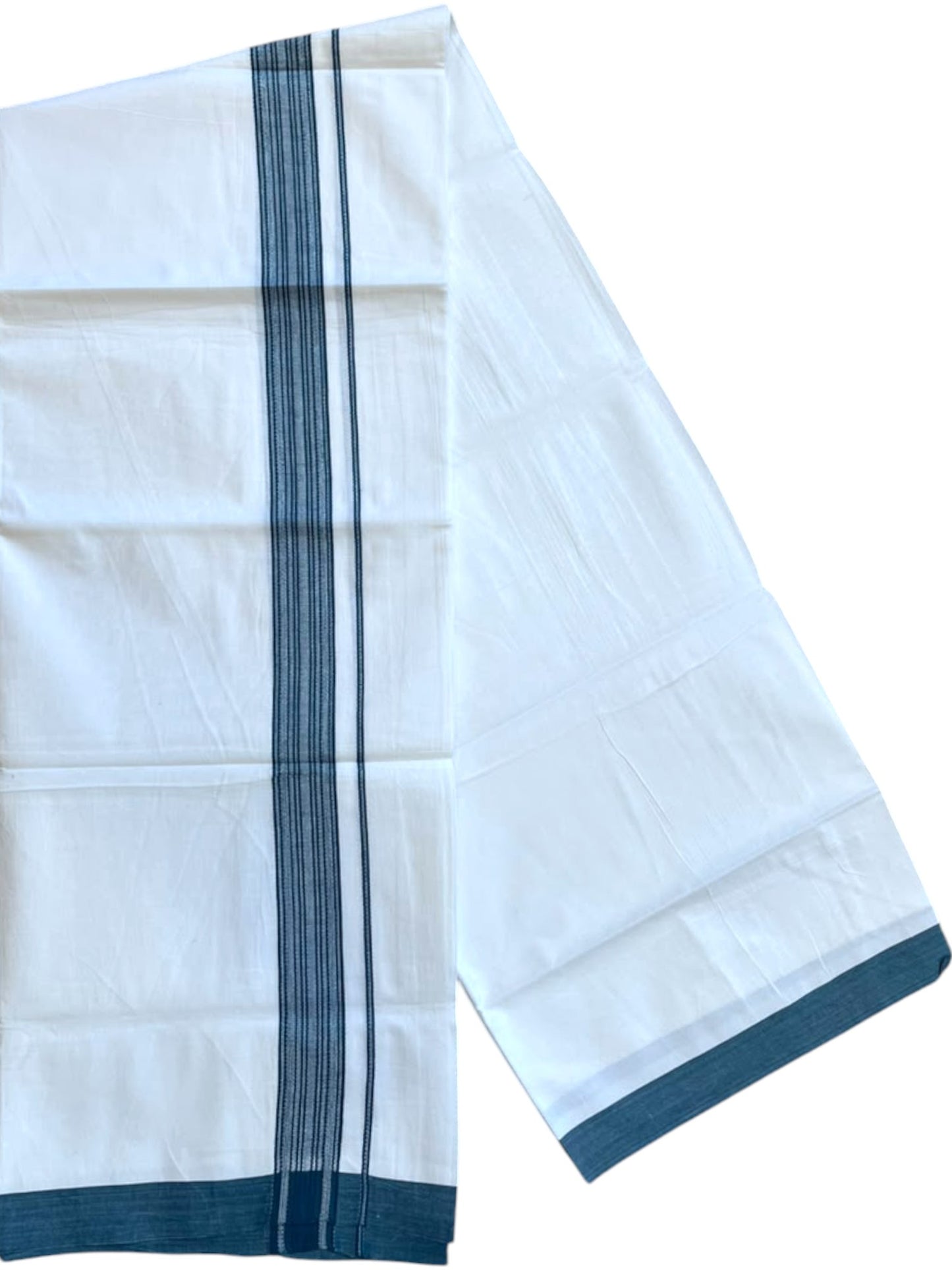 Southloom Pure White Single Cotton Mundu with Peacock Blue Border (South Indian Kerala Dhoti)