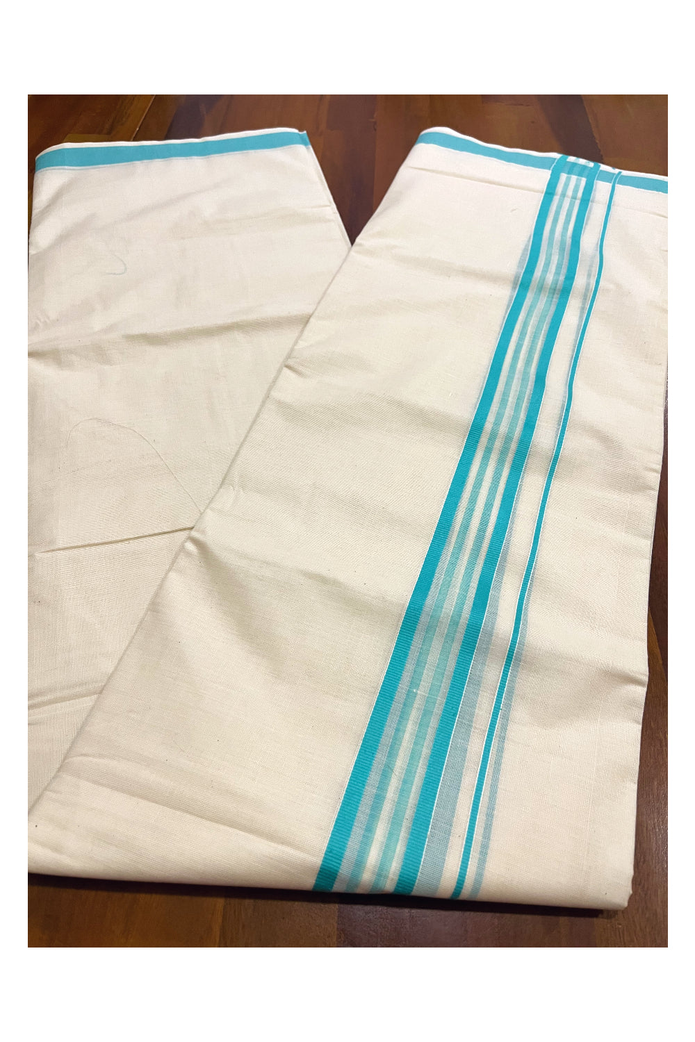 Kerala Cotton Double Mundu with Turquoise Line Border (Onam Mundu 2023)