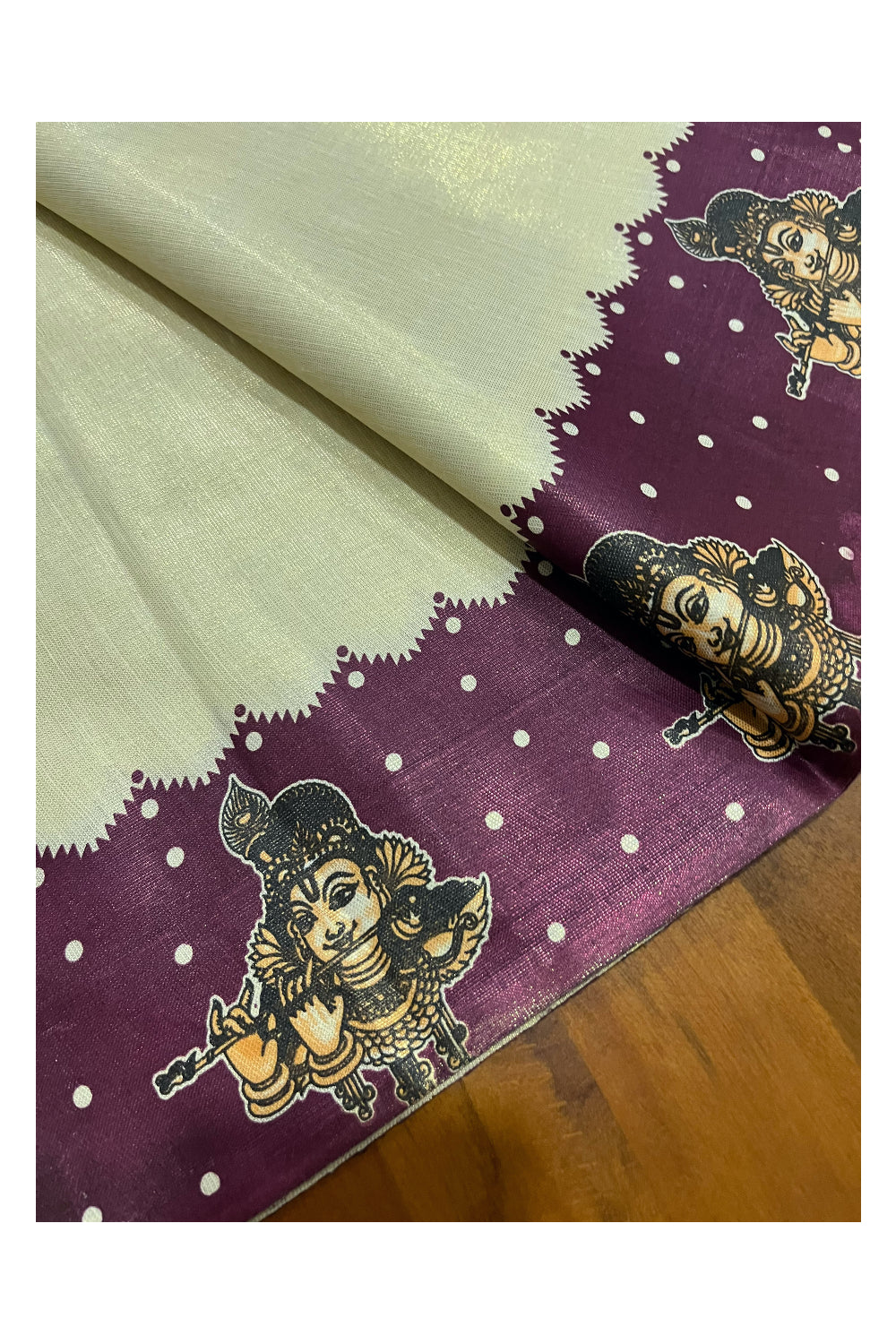 Kerala Tissue Kasavu Set Mundu (Mundum Neriyathum) with Krishna Mural Prints on Maroon Border (Onam Set Mundu 2023)