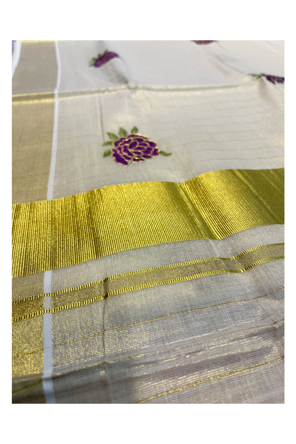 Southloom Kerala Tissue Kasavu Lines Saree with Violet Floral Embroidery Works