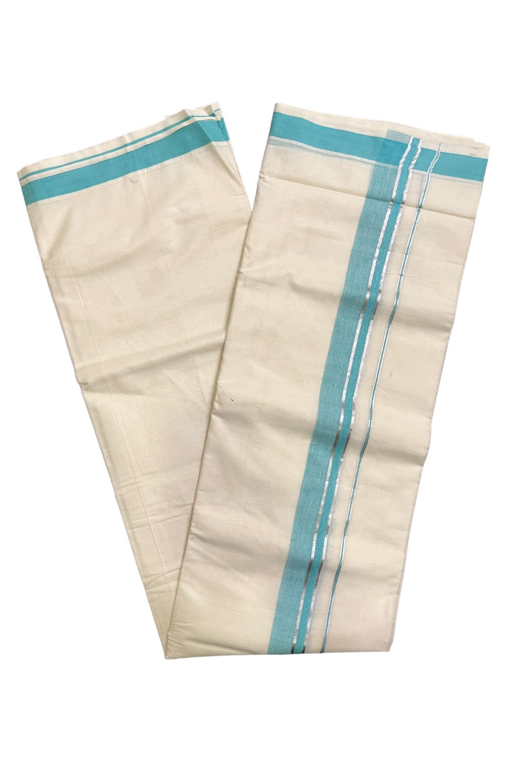 Kerala Pure Cotton Double Mundu with Silver Kasavu and Turquoise Border (South Indian Kerala Dhoti)