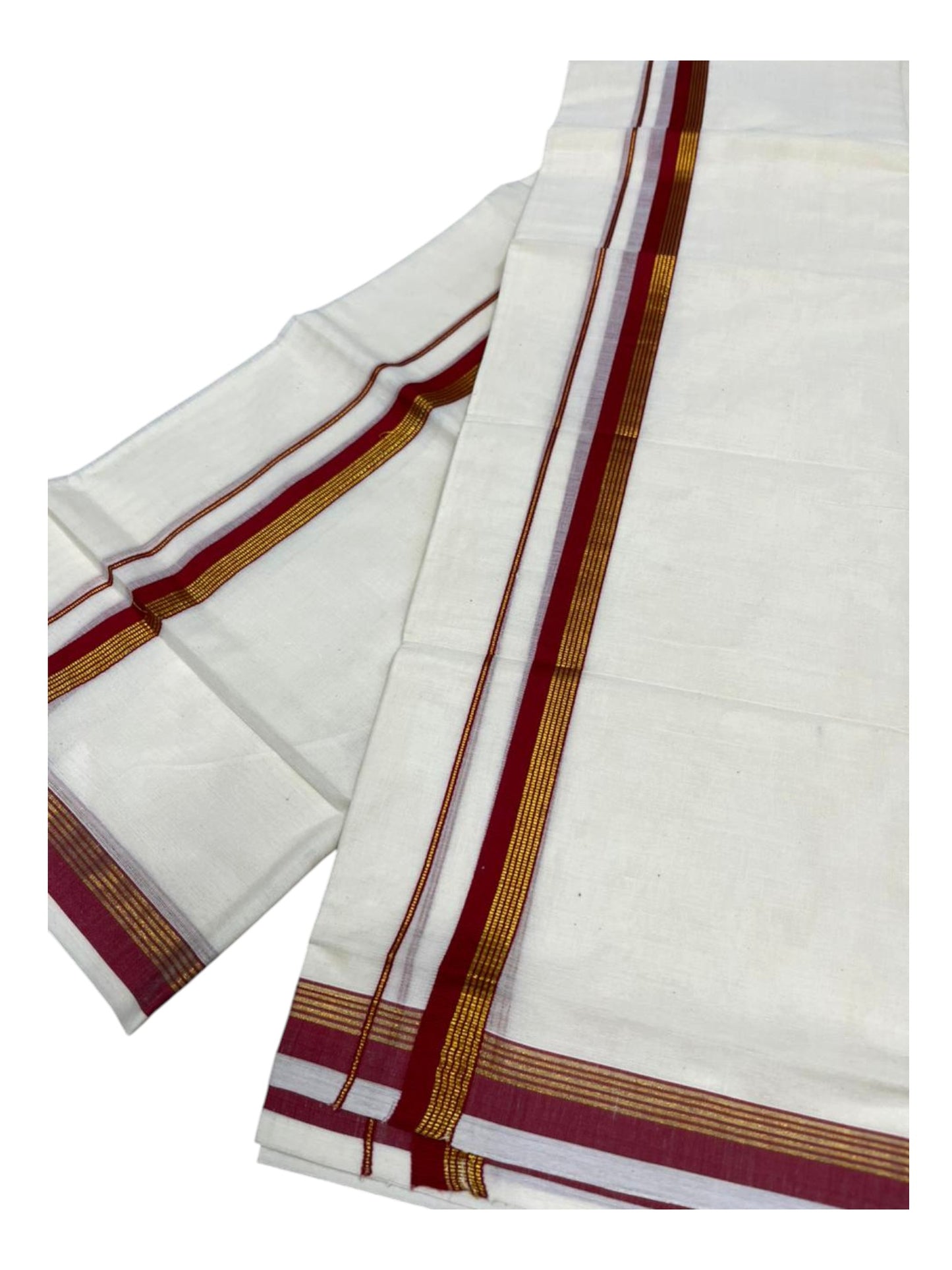 Pure Cotton Kerala Single Set Mundu (Mundum Neriyathum) with Red Kasavu Border in 2.80 Mtrs