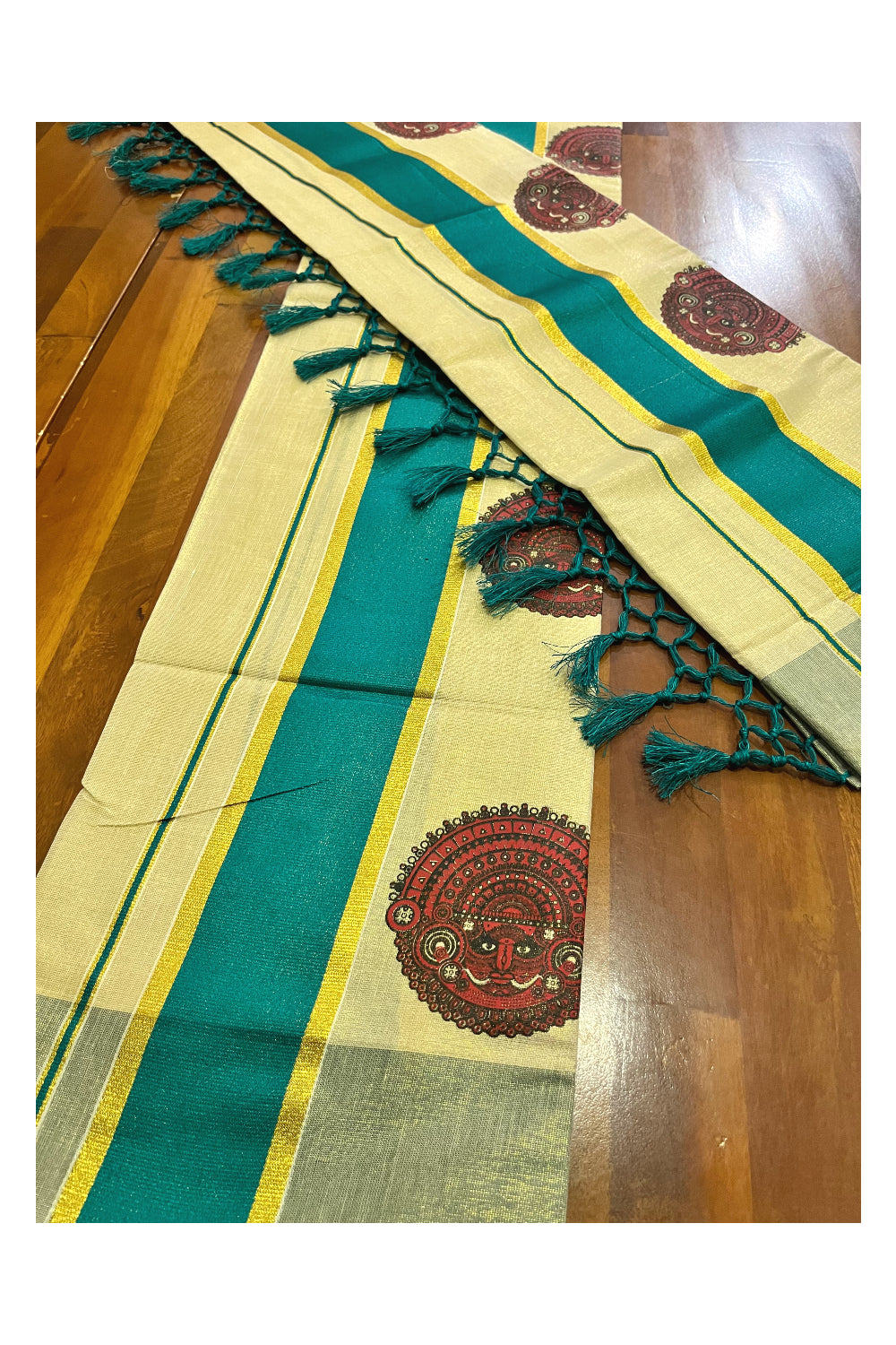 Kerala Tissue Kasavu Set Mundu (Mundum Neriyathum) with Theyyam Block Prints and Green Border