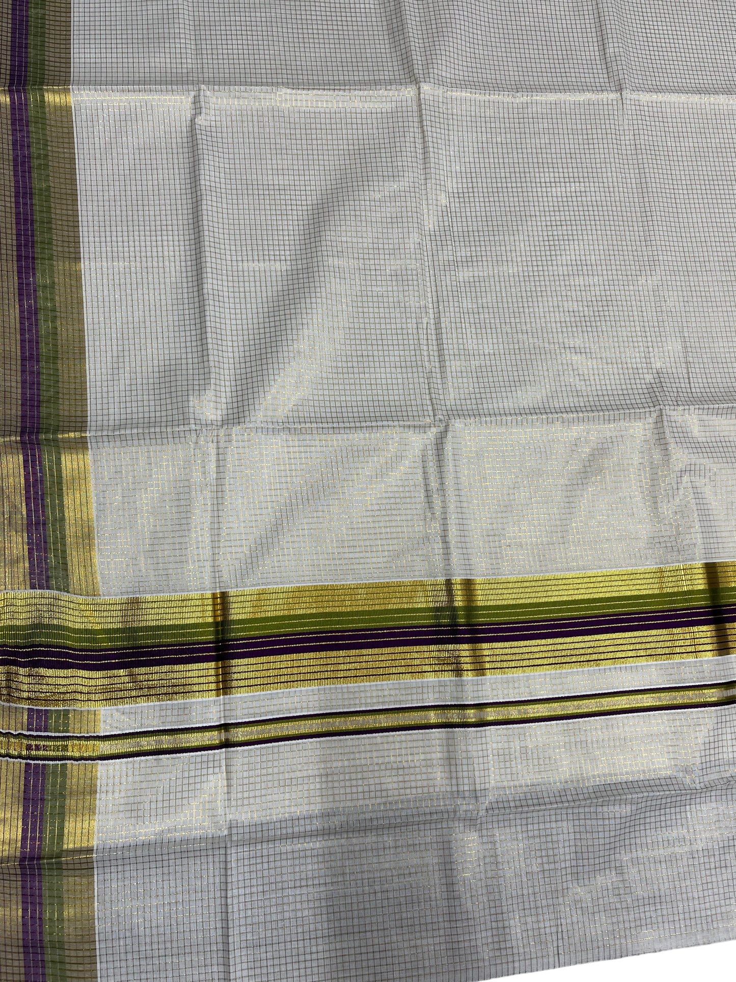 Southloom Kerala Cotton Kasavu Saree with Micro Check Design on Body in Purple & Olive Green Border