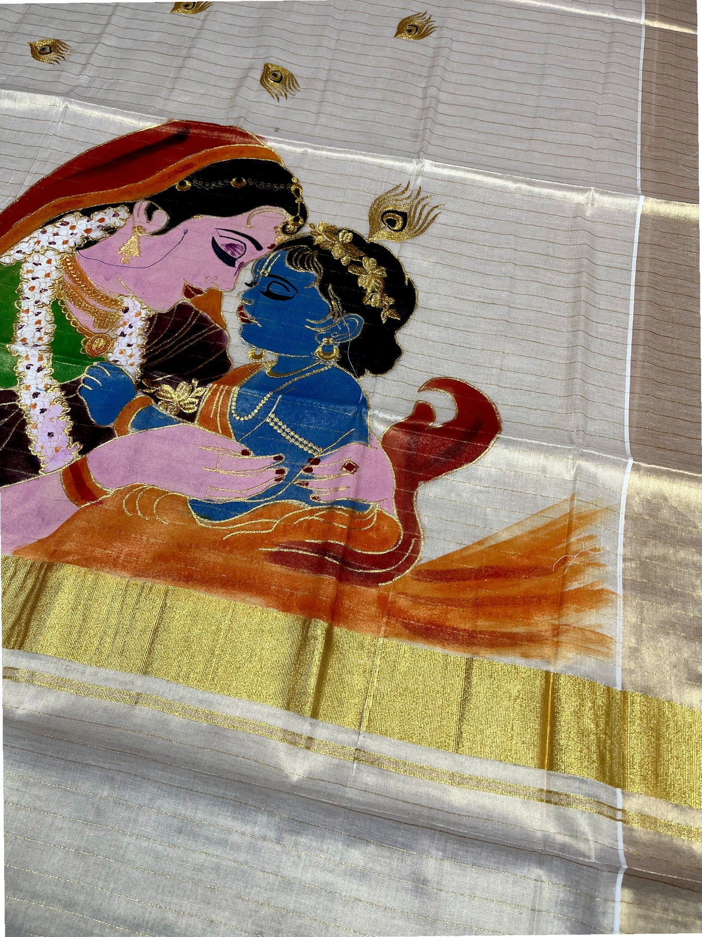Southloom Tissue Kerala Kasavu Lines Saree with Hand Painted Embroidery Krishna & Yashodha Design SL283