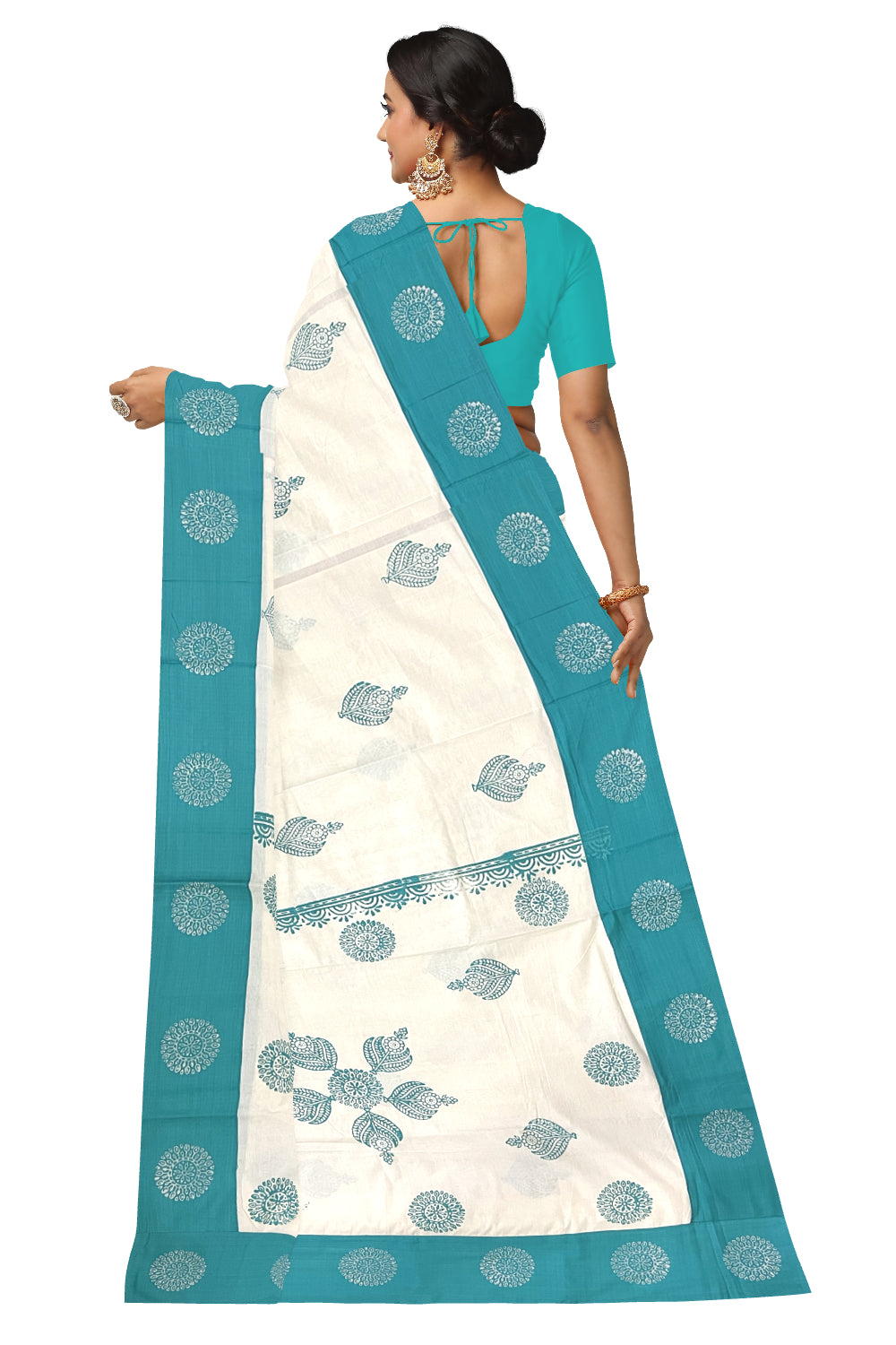 Pure Cotton Onam 2023 Kerala Saree with Hand Block Turquoise Floral Batik Prints