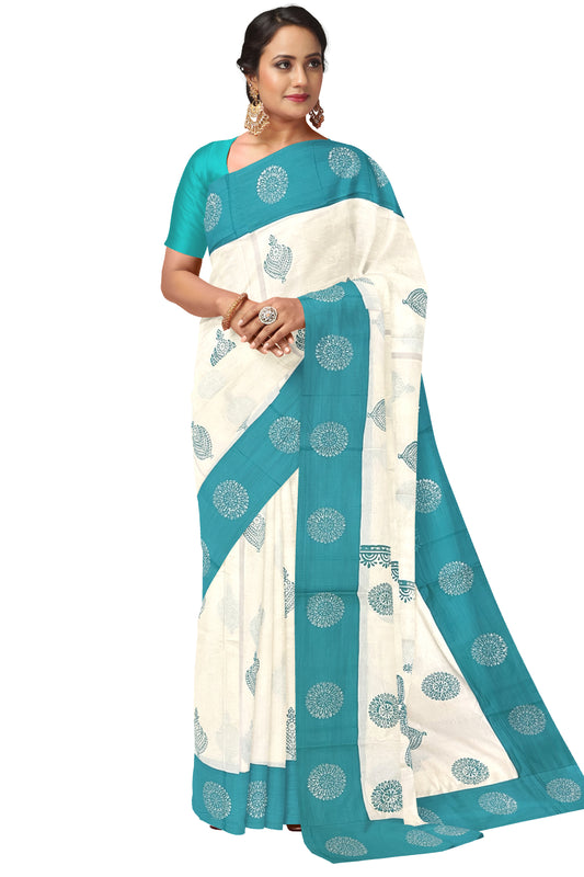 Pure Cotton Onam 2023 Kerala Saree with Hand Block Turquoise Floral Batik Prints