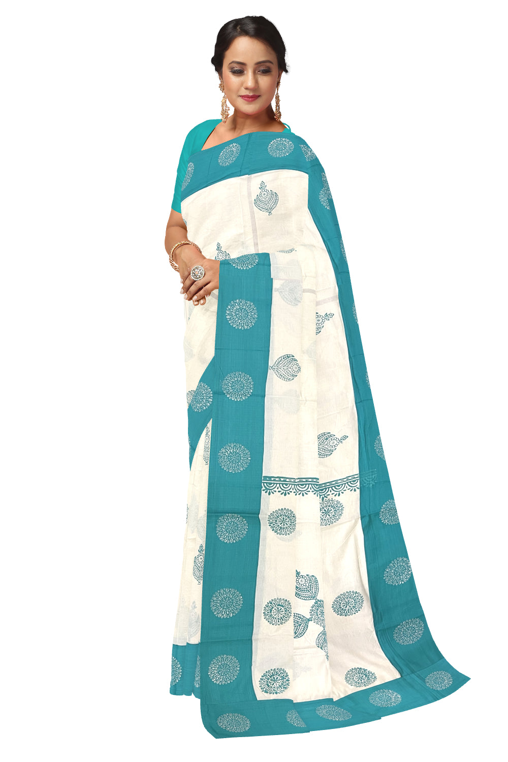 Pure Cotton Onam 2023 Kerala Saree with Hand Block Turquoise Floral Batik Prints