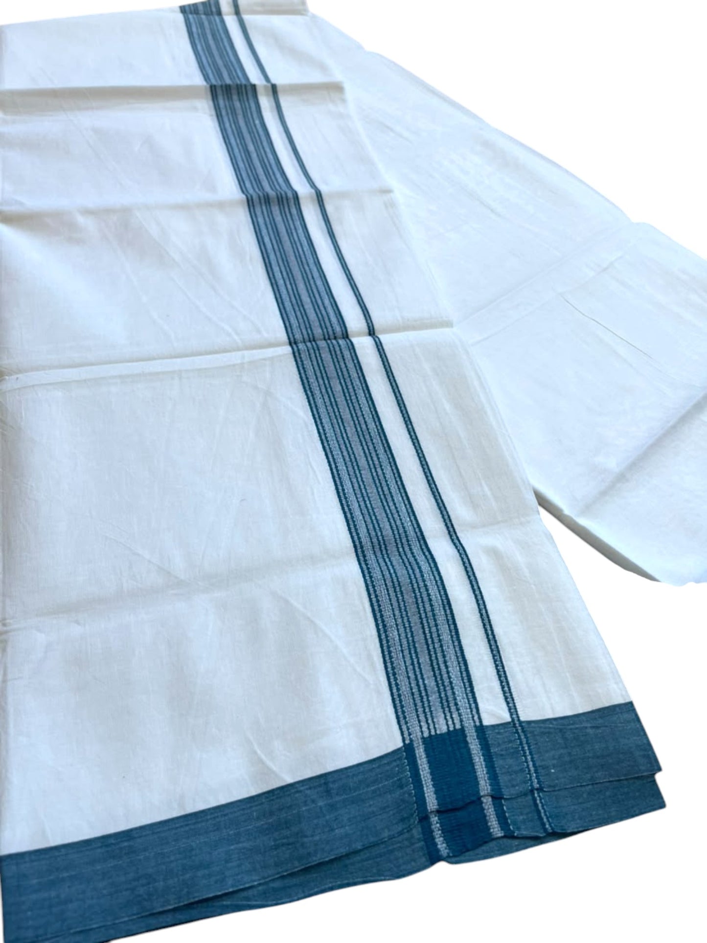 Southloom Pure White Single Cotton Mundu with Peacock Blue Border (South Indian Kerala Dhoti)