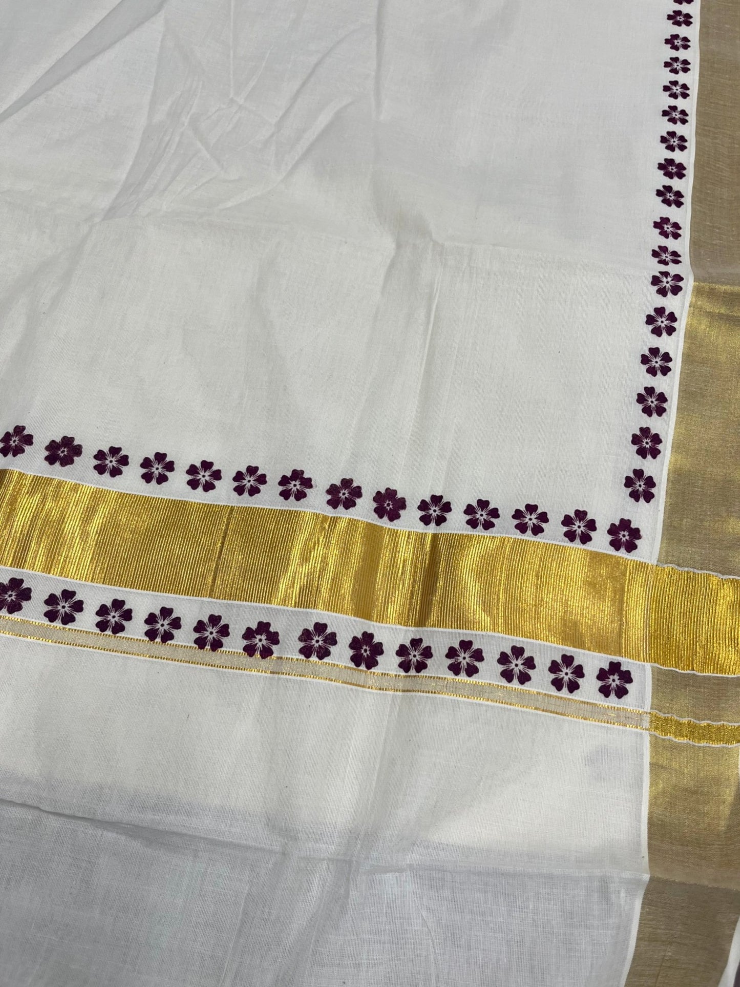 Southloom Cotton Kerala Kasavu Saree with Block Printed Design on Borders and Kara